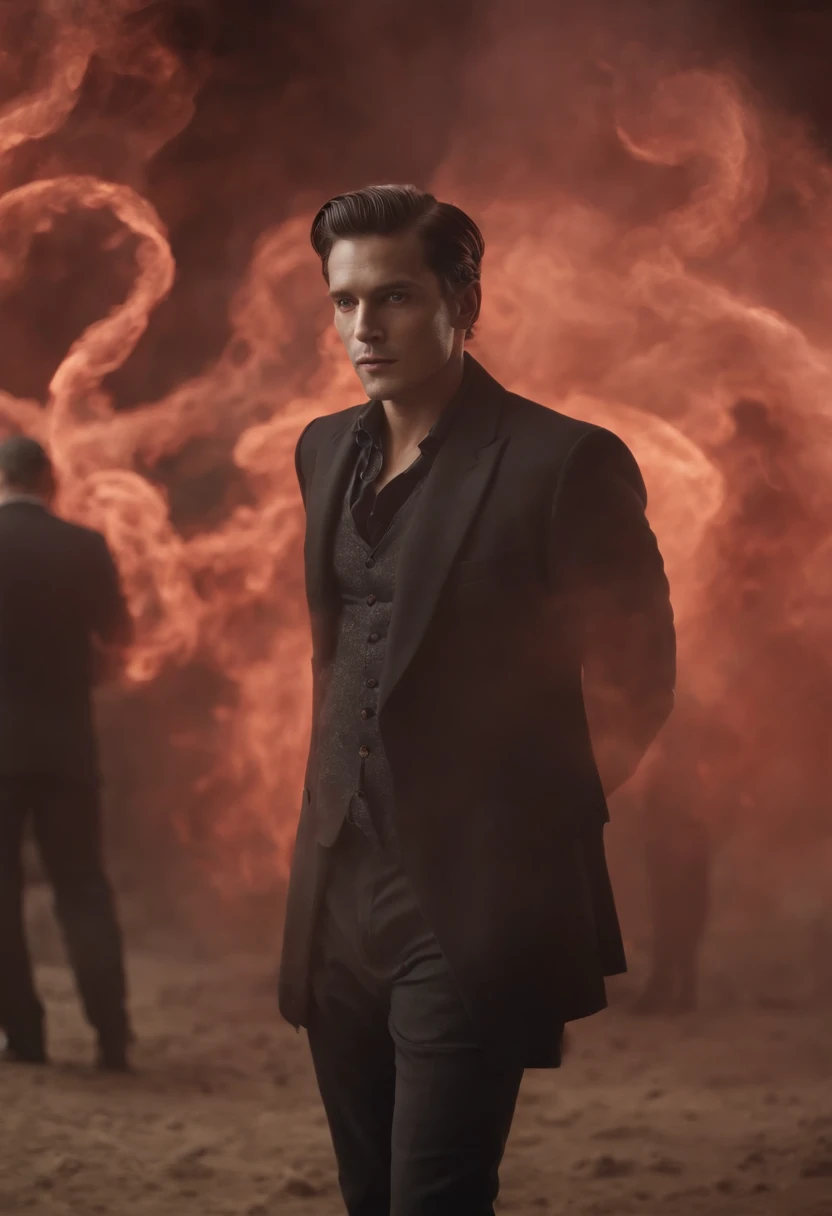 ethereal photo of elegant man, Brazilian nationality, tanned skin, women in the background, Atoms emerging from swirls of smoke and red and black vapors, Peter Lindbergh style, masterpiece of complex art, foreboding, golden ratio, Trend in CGSeteration, intricate, epic, trending on artgerm's ArtStation, highly detailed and vibrant production cinematic character rendering, very high quality template