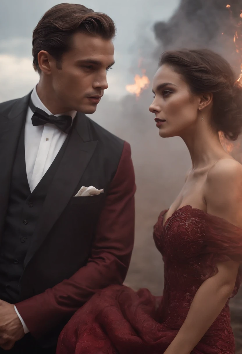 ethereal photo of an elegant couple, Brazilian nationality, tanned skin, emerging from swirls of smoke and red and black vapors, Peter Lindbergh style, masterpiece of complex art, foreboding, golden ratio, Trend in CGSeteration, intricate, epic, trend in ArtStation by artgerm, highly detailed, vibrant, production cinematic character rendering, very high quality model