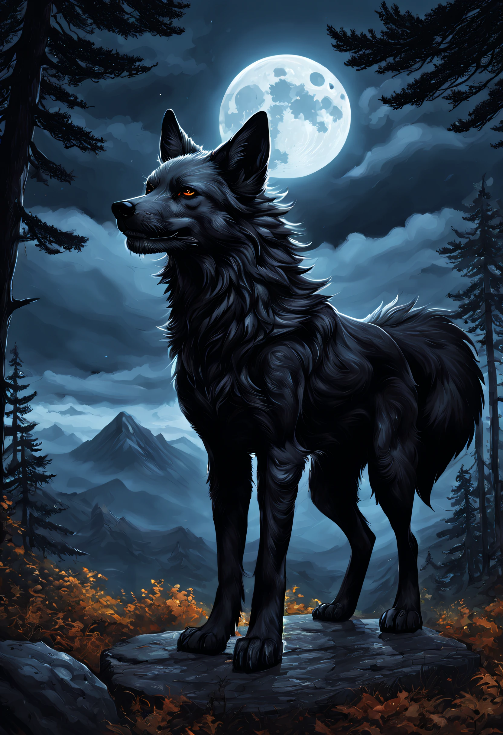 honovy, hioshiru, foxovh, a beautiful and detailed (portrait) of ((malo)), black body, skull head, tail, ((canine,)), standing, mountains, clouds, trees ,female subject, solo, looking at viewer, dark, night, moon, by kenket, by totesfleisch8, (by thebigslick, by silverfox5213:0.8), (by syuro:0.2),