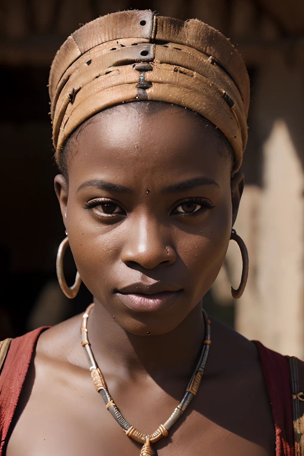 A portrait of African woman warrior looking into a camera. 8k