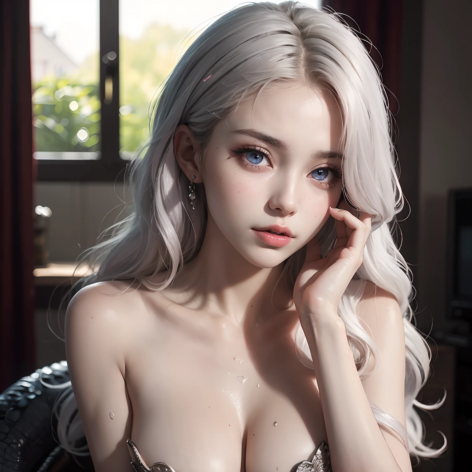 Rhaenyra Targaryen (serie de Netflix House of the dragons), Rhaenyra joven, milly alcock actriz, Rhaenyra naked, sexy woman, beauty face, labios rojos, private parta very visible, cum and wet in skin, Ahegao, Expression List, depraved expression, bad Girl, white and pink skin, sexy pose, platinum hair, intense Violet eyes, submissive pose, perfecto eyes, eyelashes beauty, beautiful makeup, perfect hands, perfect body.