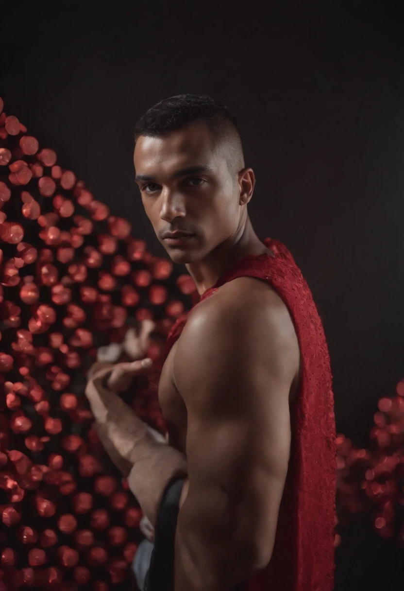 ethereal photo of elegant man, Brazilian nationality, tanned skin, in the background red atoms and geometric figures emerging from the man's body, black background