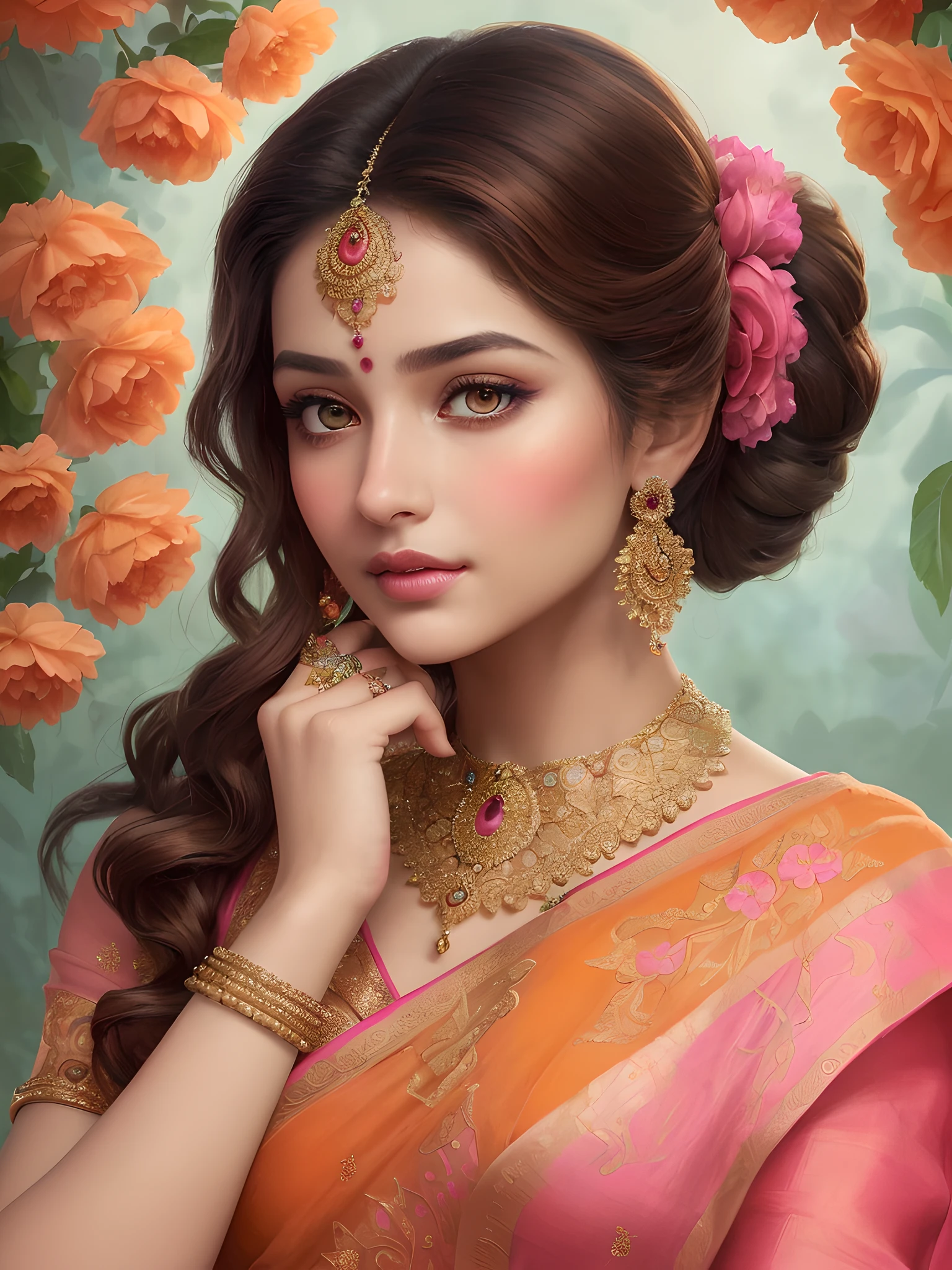 Produce a mesmerizing artwork of a young lady adorned in an intricately embroidered saree, reflecting timeless beauty. Emphasize her captivating eyes that speak volumes, her sculpted and elegant nose, and her lips, reminiscent of delicate pink petals. Her complexion should be flawlessly fair, adorned with a subtle touch of blush, enhancing her enchantment. Her eyes are strikingly adorned in a shade of orange, adding an element of intrigue to her gaze. She boasts a cascade of lush brown hair, carefully styled to accentuate her allure. Her physique should be gracefully slender, a testament to perfection. The coiffure she adorns should be artistically arranged to frame her countenance, an embodiment of enchantment. Set her against a background that elevates her beauty, painting an enchanting scene that enhances the overall elegance of the composition. Employ a palette of rich and vibrant hues to create a work of art that captures the essence of grace and captivation.