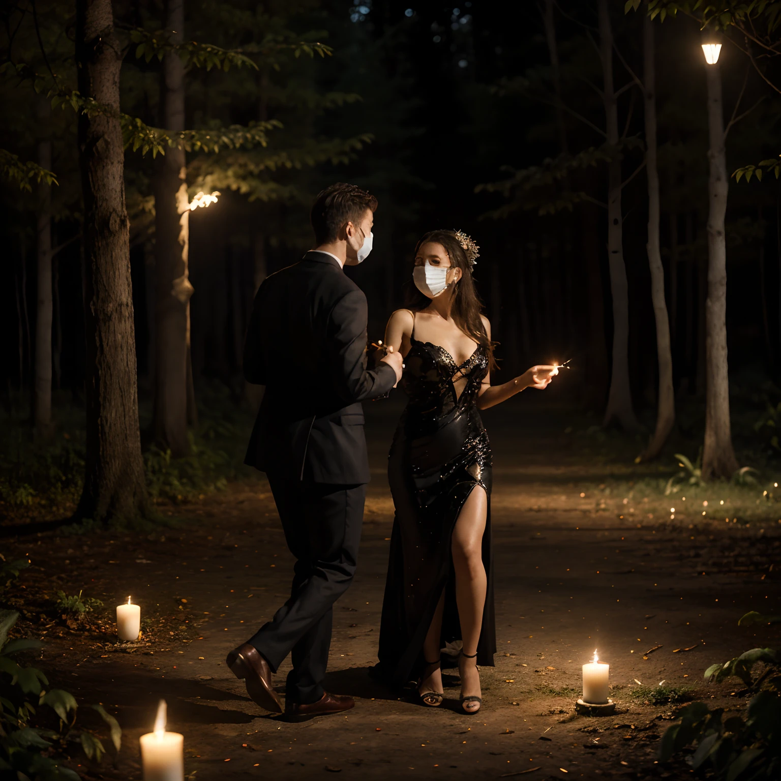 A ballroom in a forest at night, illuminated by candlelight. People dancing in bizarre and extravagant dresses and suits, all wearing masks. The scene is filled with mystery and intrigue