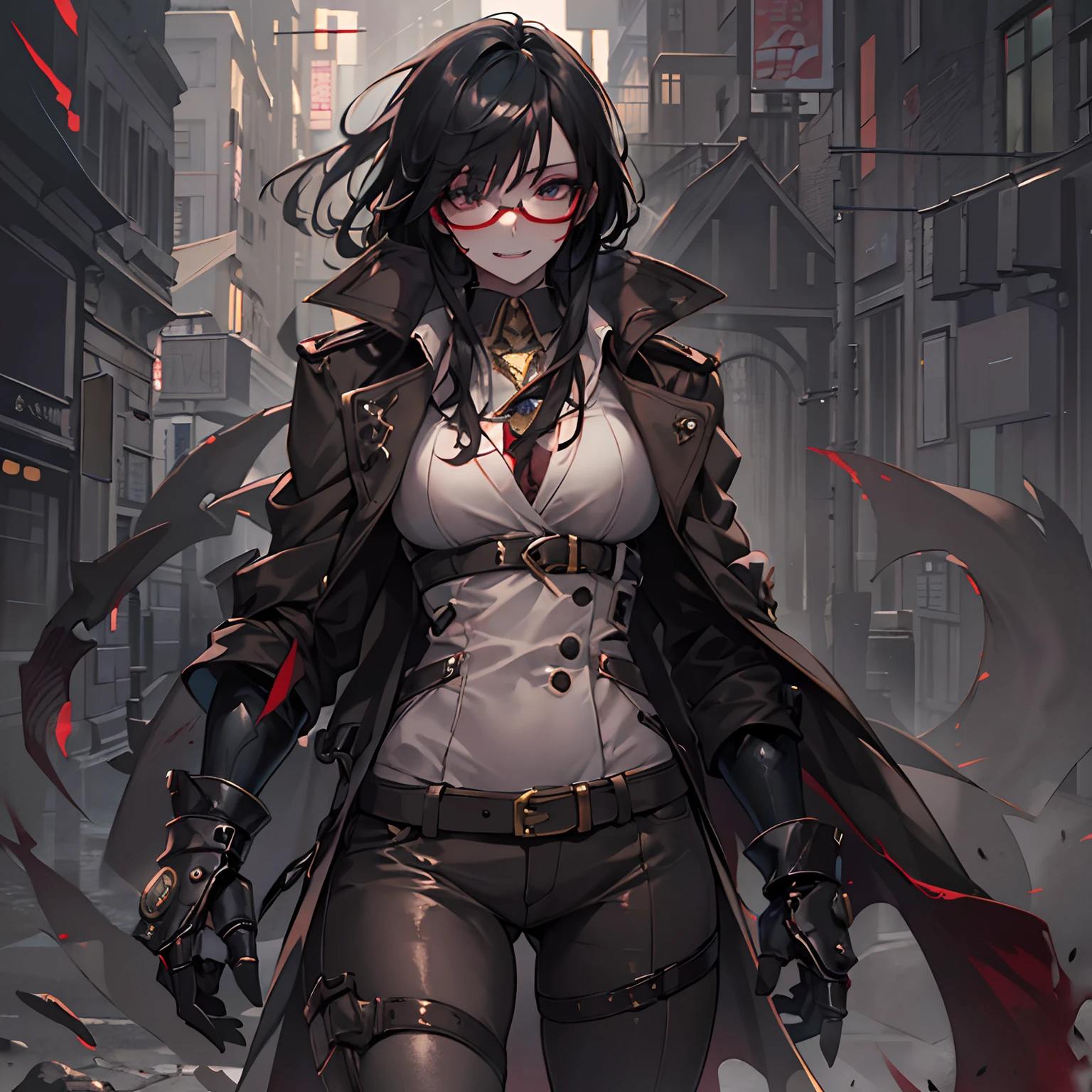 (High resolution, best quality, masterpiece) 1female, physically fit, curvy, slender body, pale skin, fierce expression, dark eyes, (detailed eyes), sharpened fangs, black hair, medium length hair, full body, staring down, dark aura surrounding him, (topwear: trench coat, handwear: giant mechanical gauntlets, bottomswear: pants))), blooding dripping, glasses on the top of her head, dark tinted glasses, grinning, hunting, fists clenched, ((detailed hands)), hand at her side, cocky expression