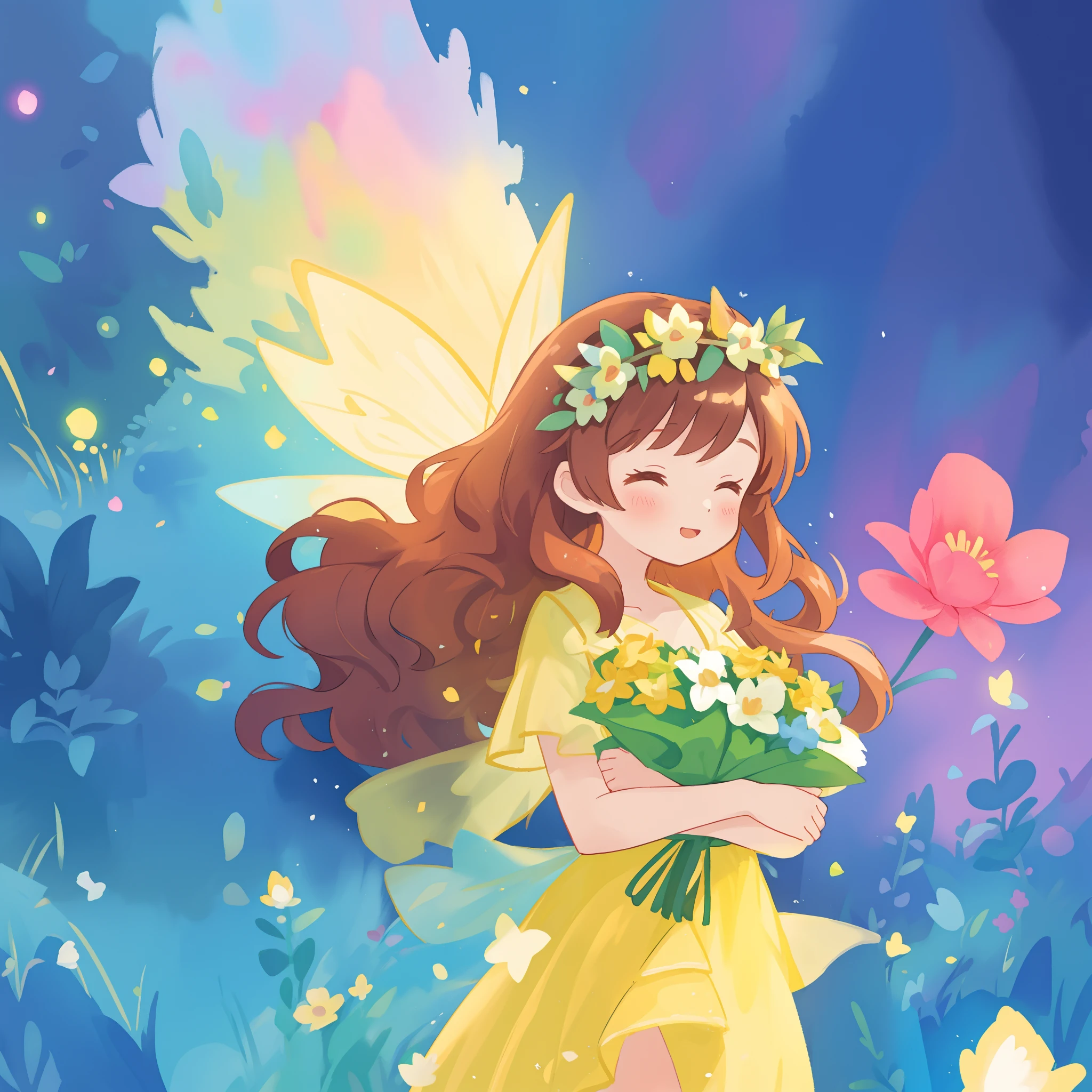 holding a colorful bouquet of flowers in front of her chest, flowing layered yellow fairy dress, curly brown hair, colorful fantasia background