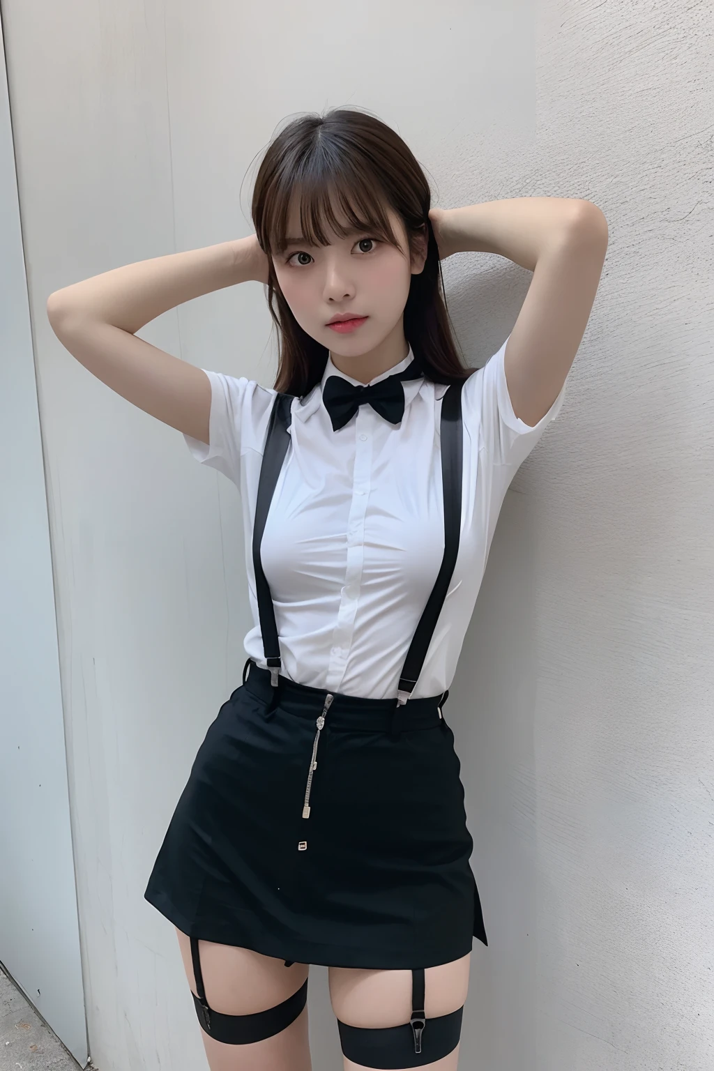 masterpiece、flat-colors、depth of fields、lens flare 1 girl、、Brown hair、watching at viewers black suspenders bulging big breasts Armpit sweat perspiring Side of both hands walls: Black miniskirt Garter Belt Chain arma Gaze Small face Bangs Upper Eyes flank Colorcon The shirt holster Belt Cutter Shirt