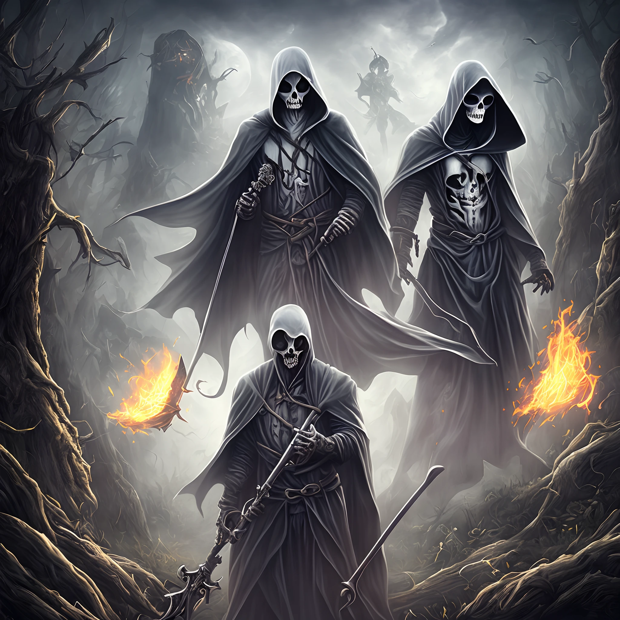 Style realism, realistic demons and fire, Arcanorum Astrum, the inscription on the poster "Arcanorum Astrum", the inscription on the painting "Arcanorum Astrum", all in dark colors, ritual with sacrifice, instead of faces, black holes, fog and smoke, black colors, necromancer looking at the sky, darkness instead of eyes, black holes instead of eyes, all in smoke, fog and fire, against the background of a huge pentagram, sacrifice, ritual dagger in hand, skulls, bones and blood