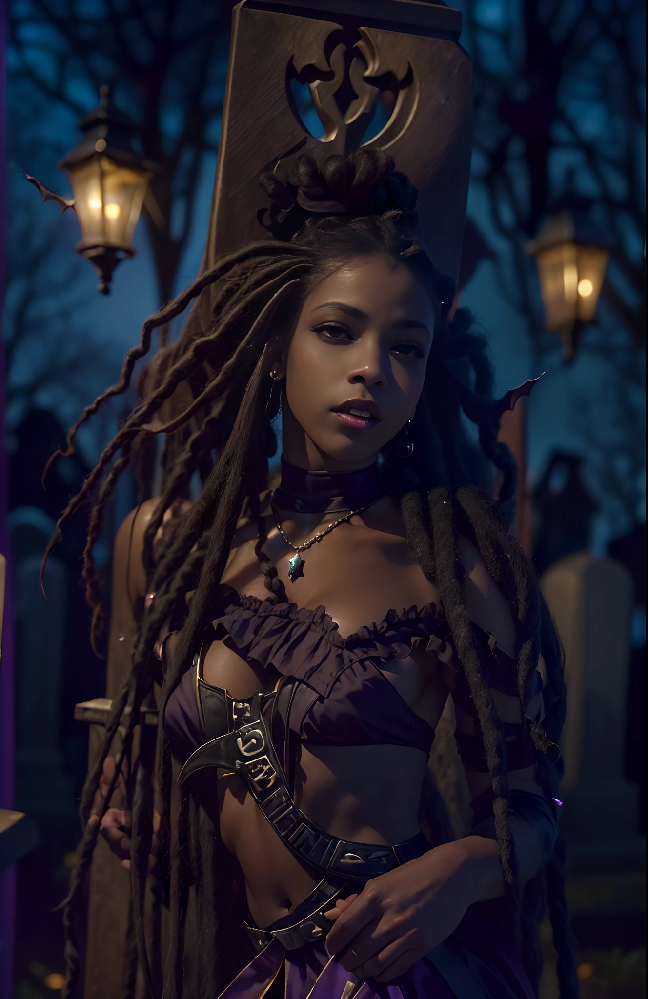 ((29-year-old))) black girl, (((light skin))), (((vampire))), (((New Orleans cemetary, early 20th century night time during mardi grad))), (((bats flying around))), dusk, (((close-up full body pose))),  (((long dreads))), high heel boots, (((wearing period clothing))), dark fantasy art, Rich, Deep Colours, (intricate details:0.9), (HDR, hyper-detailing:1.2), (natural skin textures, hyper realisitc, soft light, Sharp),