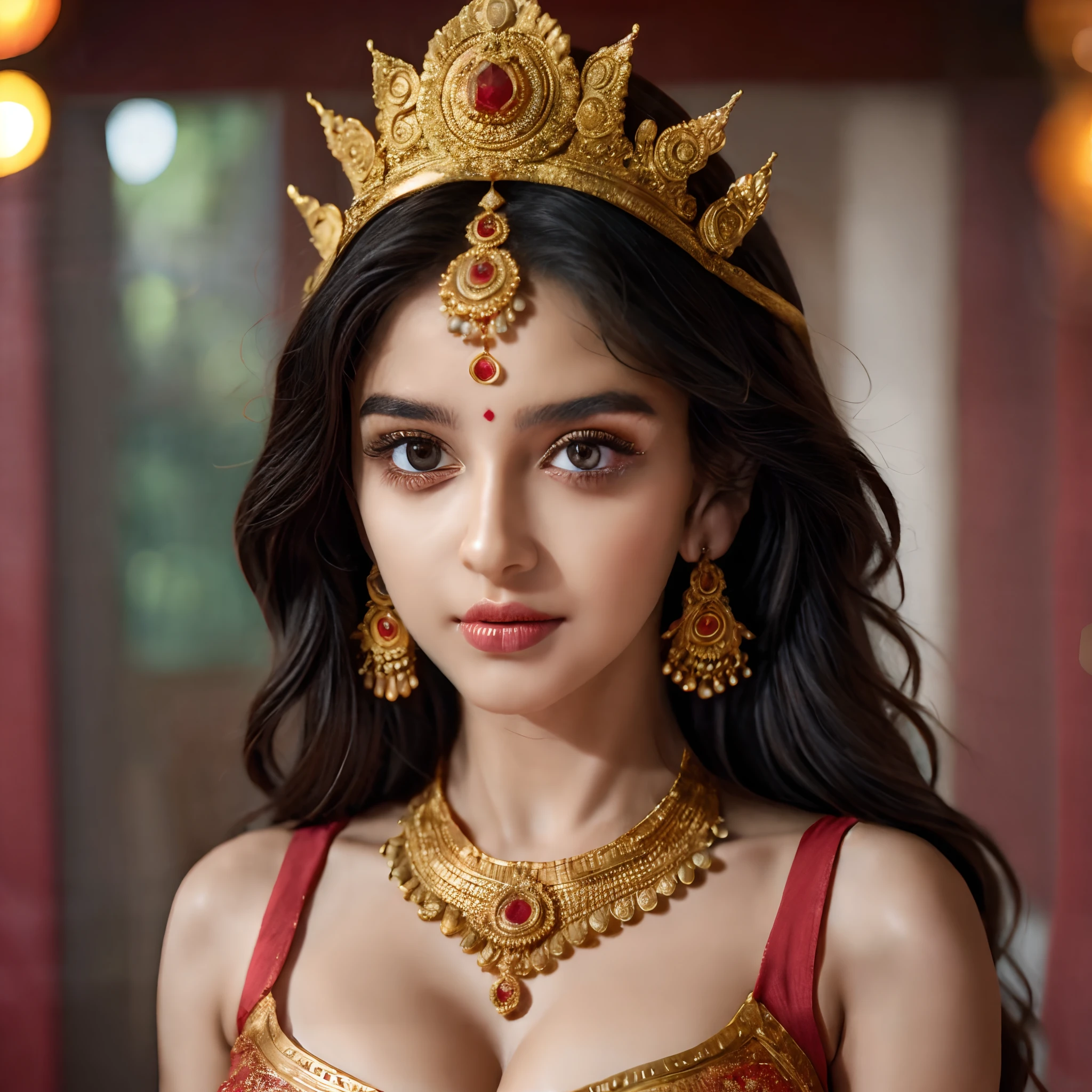 The full body of a big boobs, woman wearing a gold crown and red dress, a beautiful fantasy empress, Indian goddess, big breasts, large breasts, portrait of a beautiful goddess, beautiful goddess, a stunning portrait of a goddess, traditional beauty, cinematic goddess close shot, ig model | artgerm, extremely detailed goddess shot, cinematic goddess shot, Hindu aesthetic, portrait of modern Darna