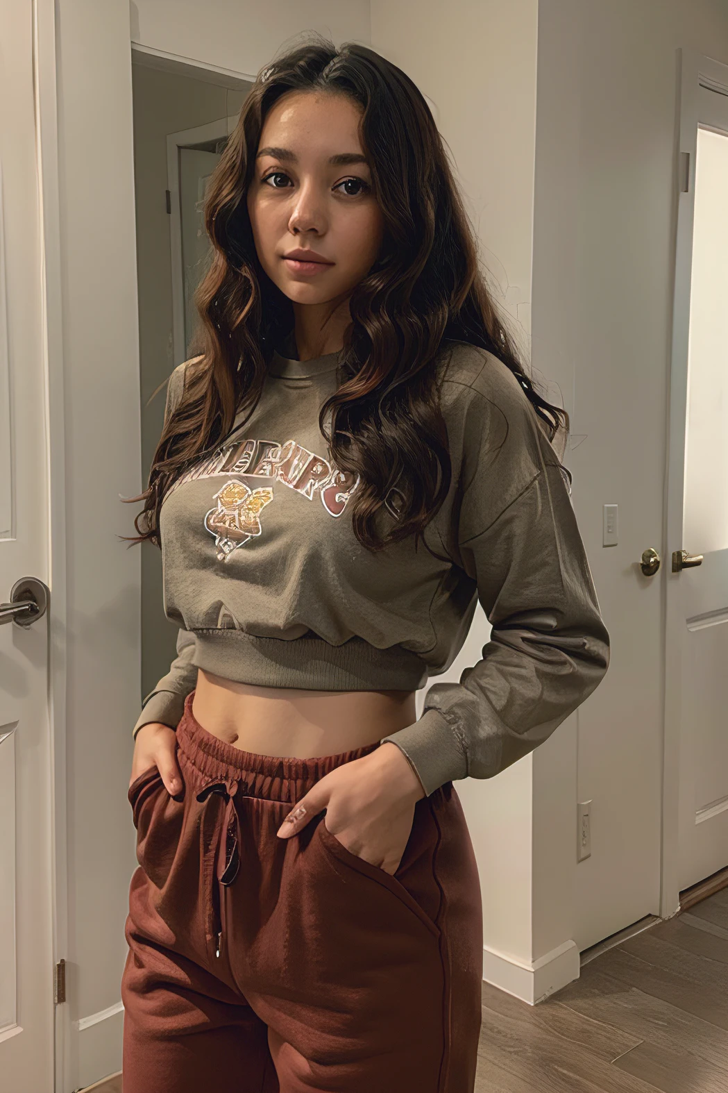 Portrait of a girl with curly hair and brunette, Asian Dressed in Sweatshirt and Pants
