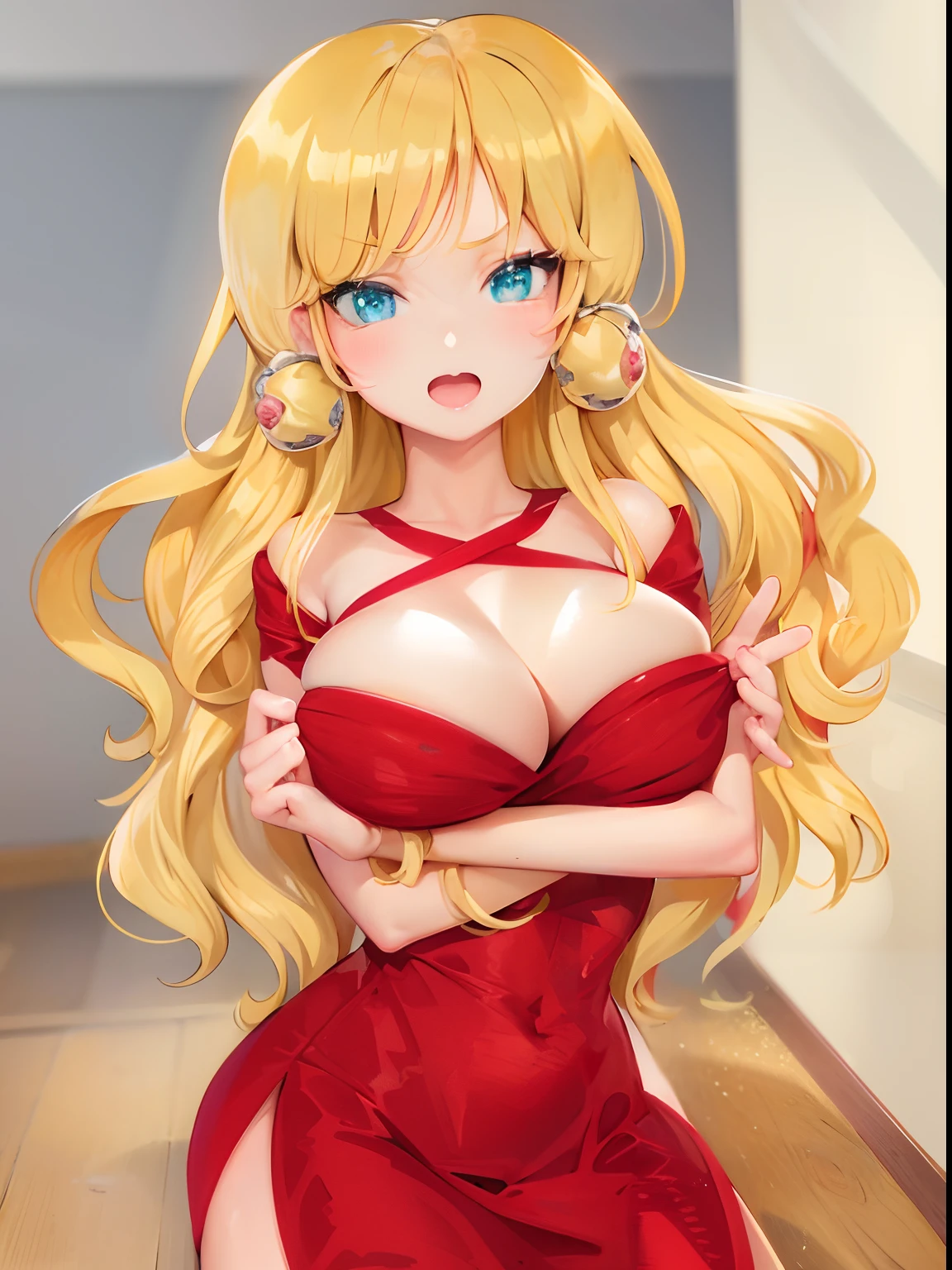 blond haired girl in red dress posing for camera, seductive anime girl,  in dress, blonde anime girl with long hair, blonde - haired princess, beautiful alluring anime teenchi anime style, small curvy loli, beful alluring anime woman, anime goddess, cute anime waifu in a nice dress, blonde goddess, marin kitagawa fanart, at pixiv