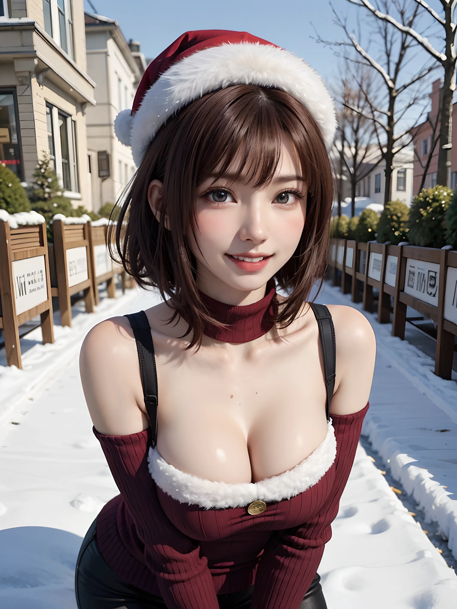 (masutepiece:1.4, top-quality、Very attractive adult beauty with a very cute smile:1.4、Add intense highlights to the eyes:1.4、Look firmly at the camera、Beautiful woman full of adult charm:1.4),1girl in, 独奏, Light brown shiny hair, muffler,Santa Claus hat:1.4,realisitic, looking at the viewers, Bright colored crystal light blue eyes:1.4, short shiny hair, Santa Claus Starneck Knit、 Red and white costume of Santa Claus in a turtleneck with a round hole in the center of the chest:1.4,Sexy red and white turtleneck knit sweater with round hole in the center of chest:1.4、 s lips, lipgloss:1.4,bangss, The upper part of the body、big eye、Lashes、The face is a little red:1.4、Embarrassing)、((Canada's tree-lined streets in winter:1.4))、((Brunette's short bob hair with bangs、big eye、Put very strong highlights in your students:1.4、{Gigantic|Big|Huge|Mega} breasts:1.4、very Bigger breasts、gazing at viewer、Very beautiful beauty、Put your ears out:1.4、long neck:1.4、little smiling、Beautiful teeth、Open your mouth and smile:1.4))、28 year old:1.4、Very cute supermodel:1.4、