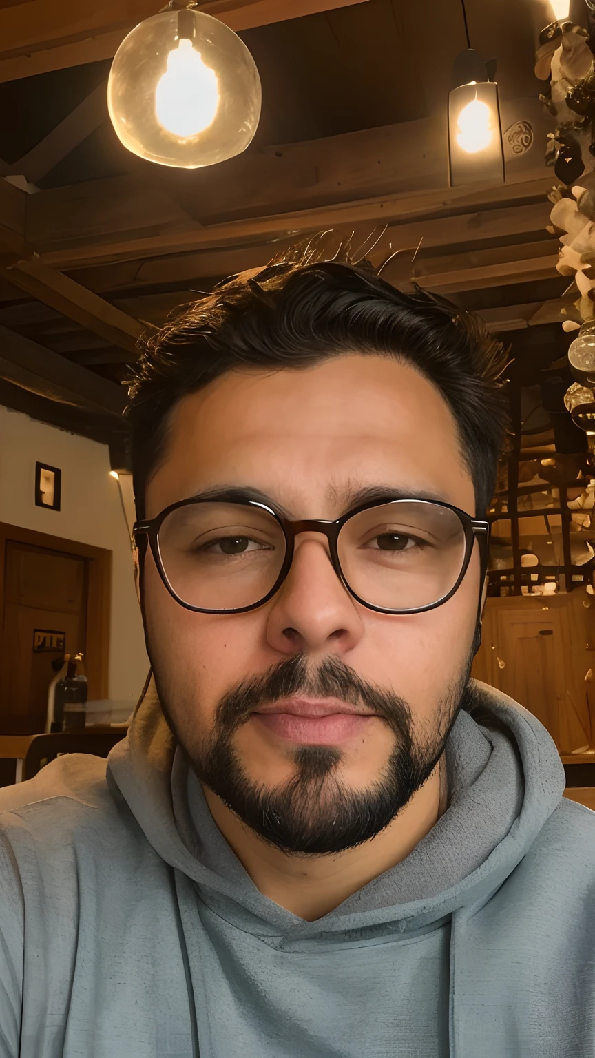 there is a man with glasses and a beard sitting at a table, foto de perfil headshot, with glasses and goatee, taken in the early 2020s, andres rios, victor maristane, Miguel Iglesias, Cristiano Orrillo, with nerdy glasses and goatee, Typical cryptocurrency nerd, Streamer do Twitch / Jogador Ludwig, Retrato NFT, danilo torres