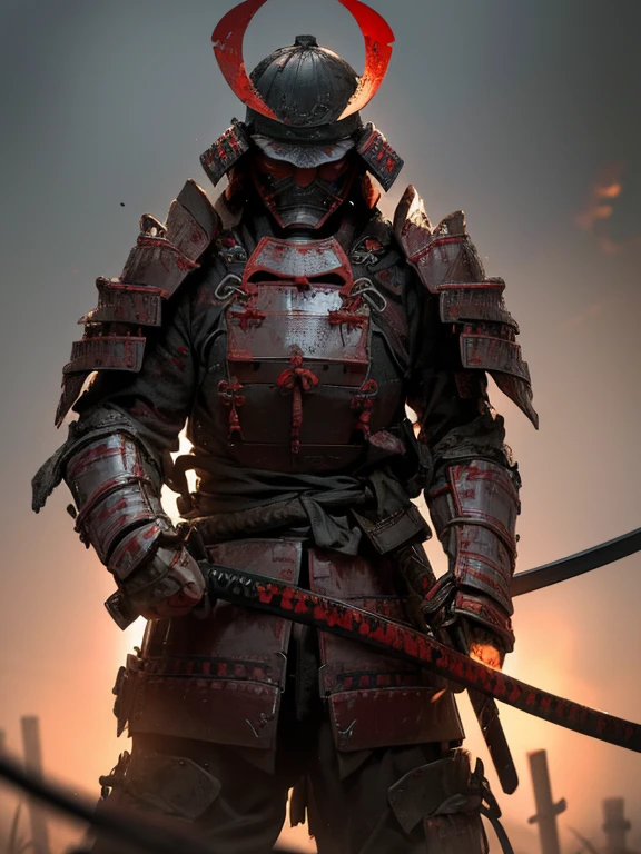 Fallen Samurai,embers,gloomy and creepy atmosphere,Red Samurai,dramatic  lighting,Cracked Red Armor, intricate details,A Lost Battle,Fading Glory,Ghostly Shadows,foggy background,Face under the mask,Majestic Helmet,A lonely figure,Rising smoke,Doomed Fate,Grim Ruins,Majestic Composition,Military Honor,desolation,Fire fighting,A sinister presence,Ash and smoke,Bloodstained Earth,worn-out armor,determination,Glyph of Courage,The End of the Samurai Era,A devastated battlefield, Standing in the middle of the battlefield [Muted color palette],[subdued tones],[Intrusive atmosphere:0.9]