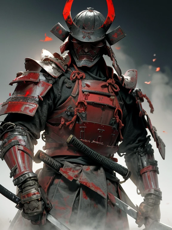 Fallen Samurai,embers,gloomy and creepy atmosphere,Red Samurai,dramatic lighting,Cracked Red Armor, intricate details,A Lost Battle,Fading Glory,Ghostly Shadows,foggy background,Face under the mask,Majestic Helmet,A lonely figure,Rising smoke,Doomed Fate,Grim Ruins,Majestic Composition,Military Honor,desolation,Fire fighting,A sinister presence,Ash and smoke,Bloodstained Earth,worn-out armor,determination,Glyph of Courage,The End of the Samurai Era,A devastated battlefield, Standing in the middle of the battlefield [Muted color palette],[subdued tones],[Intrusive atmosphere:0.9]