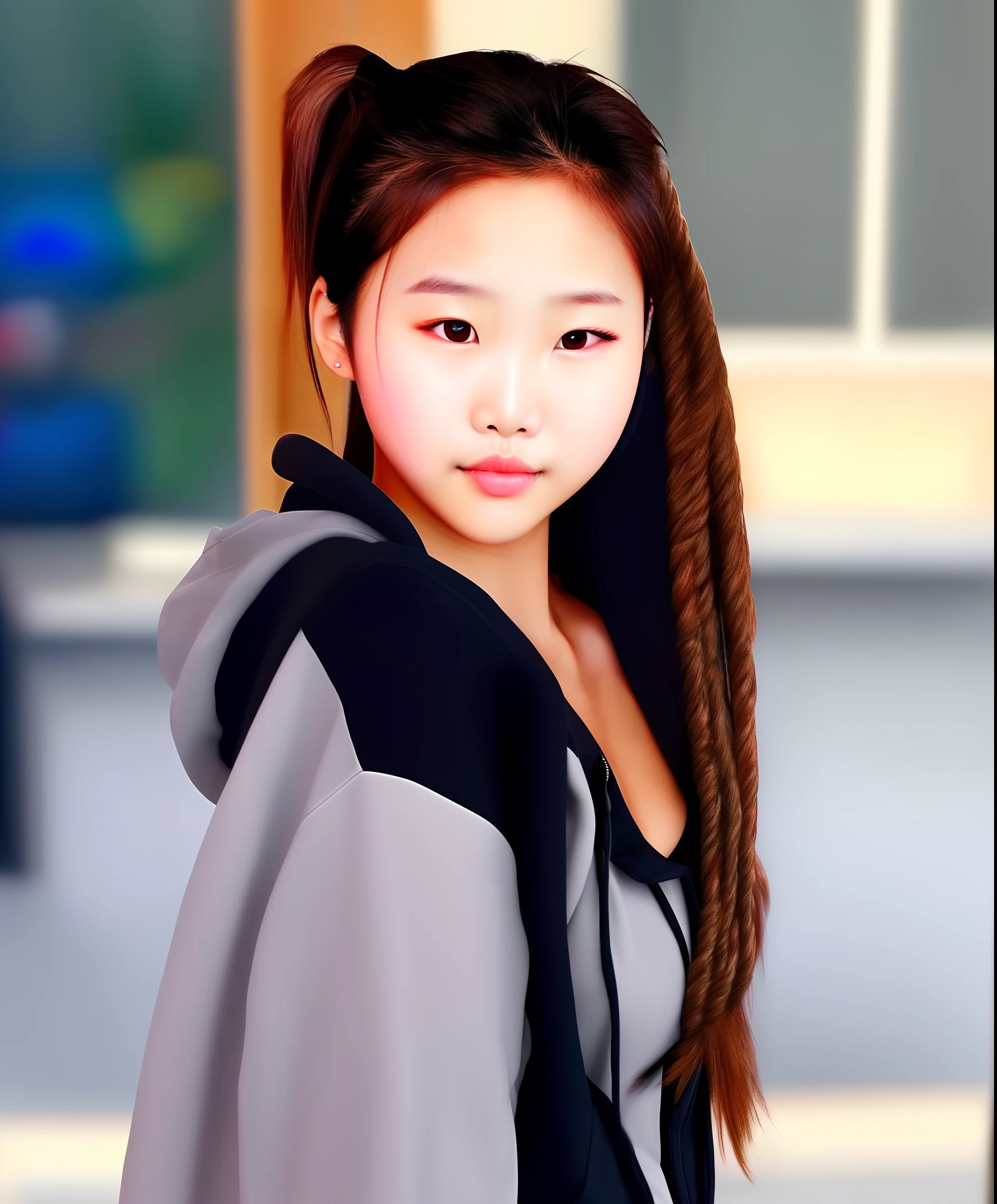 A girl of Asian appearance. Short brown hair braided into a ponytail. Gray eyes. Dressed in a black hoodie
