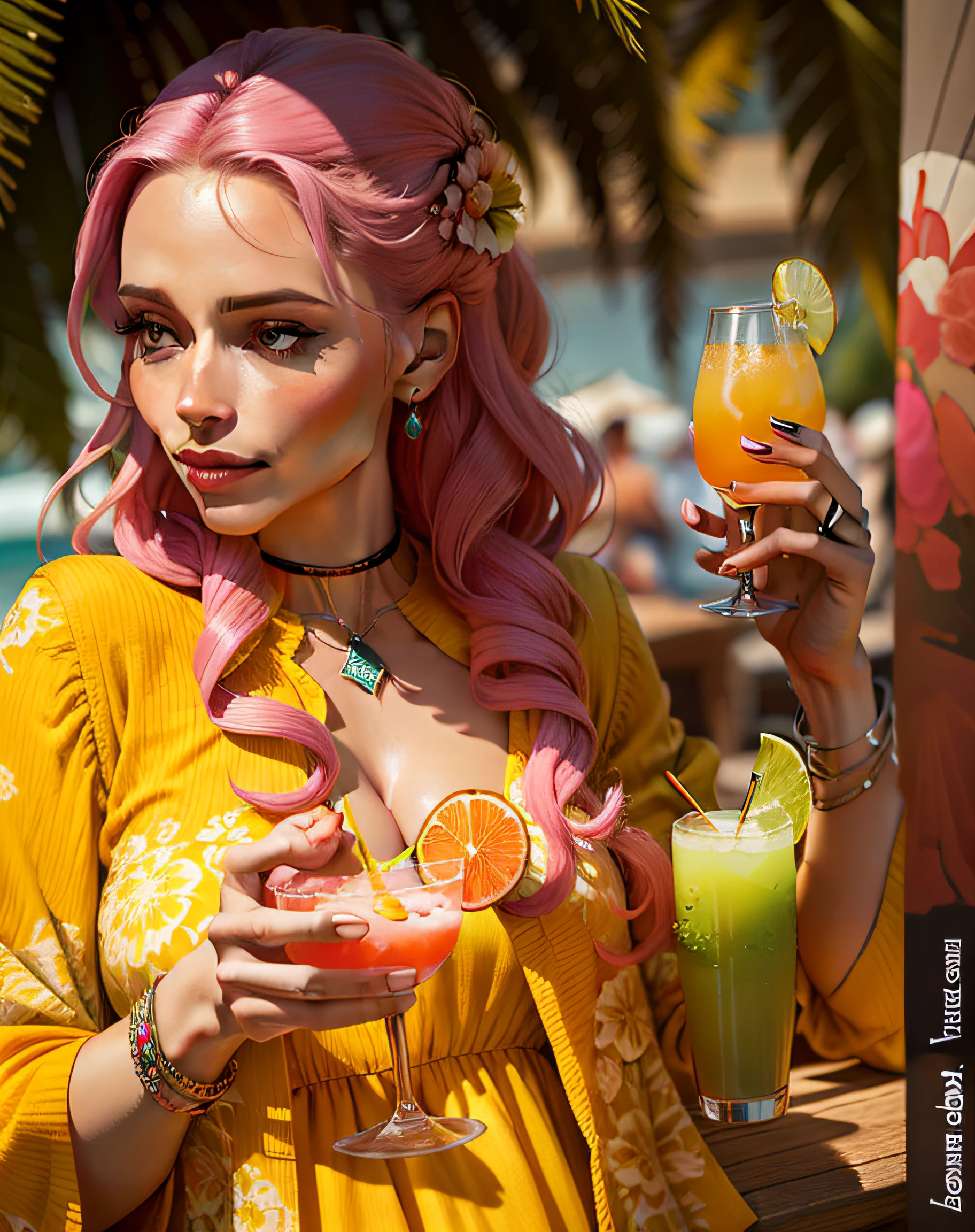 there is a woman holding a glass of pink liquid with a lime slice, drinking cocktail, holding a drink, with a drink, people drink cocktails, mixing drinks, with a figure in the background, in the sun, female death holding a cocktail, detailed product photo, the sour, astri lohne, cosmopolitan