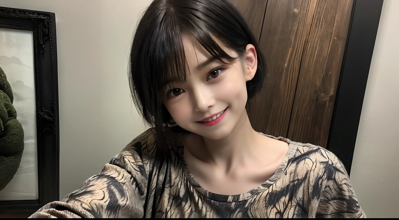 89
(a 20 yo woman,is standing), (A hyper-realistic), (masutepiece), ((short-hair:1.46)), (Smooth black hair), (Breast:1.0), (kindly smile), wear long pants, (Wearing a dinosaur print long-sleeved shirt), (Beautiful skin:1.5), (painterly、picture frame)