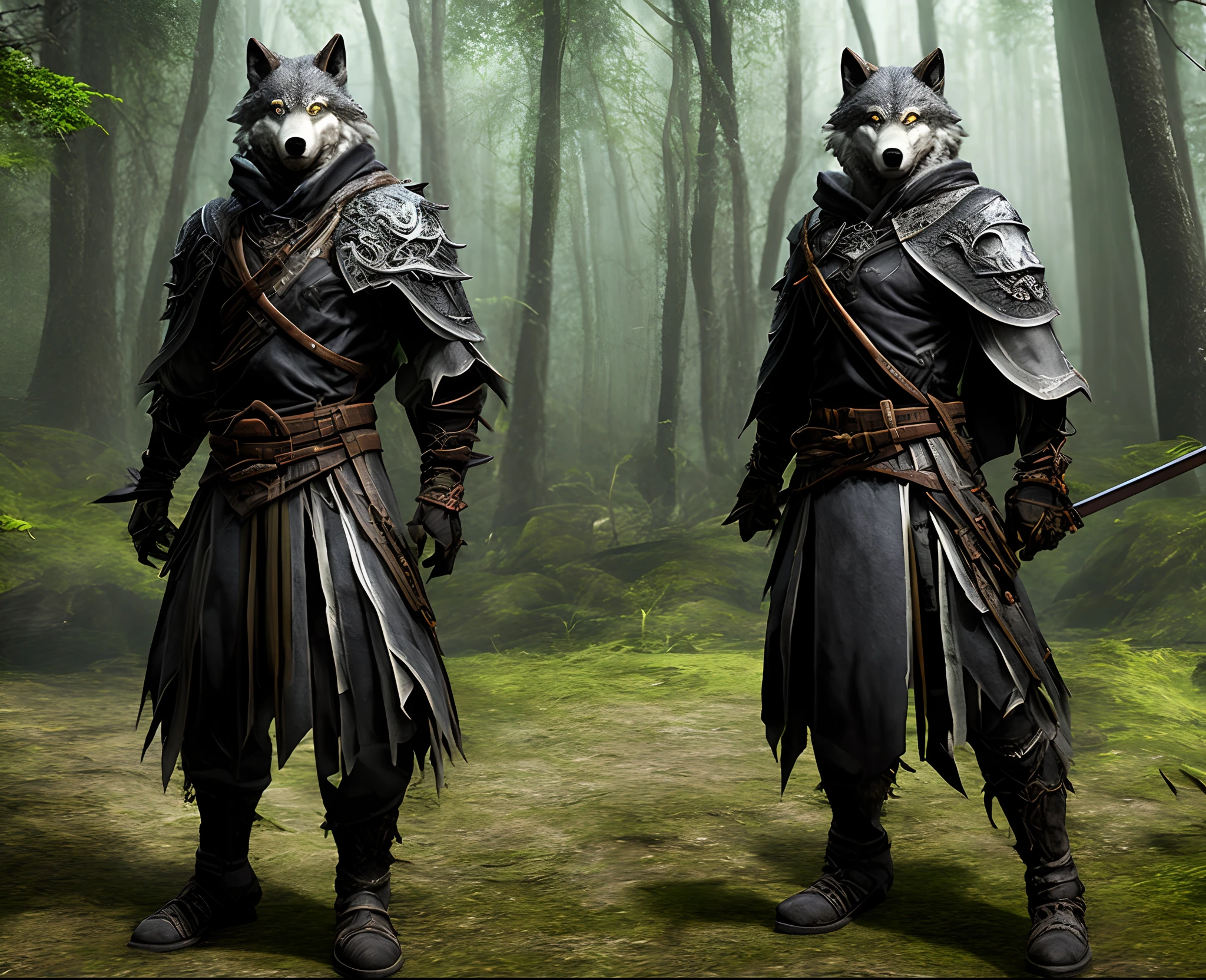 Bipedal wolf warrior dark cloak, black armor, sniper rifle, katana and wakizashi, dark aura, ancient dark forrest