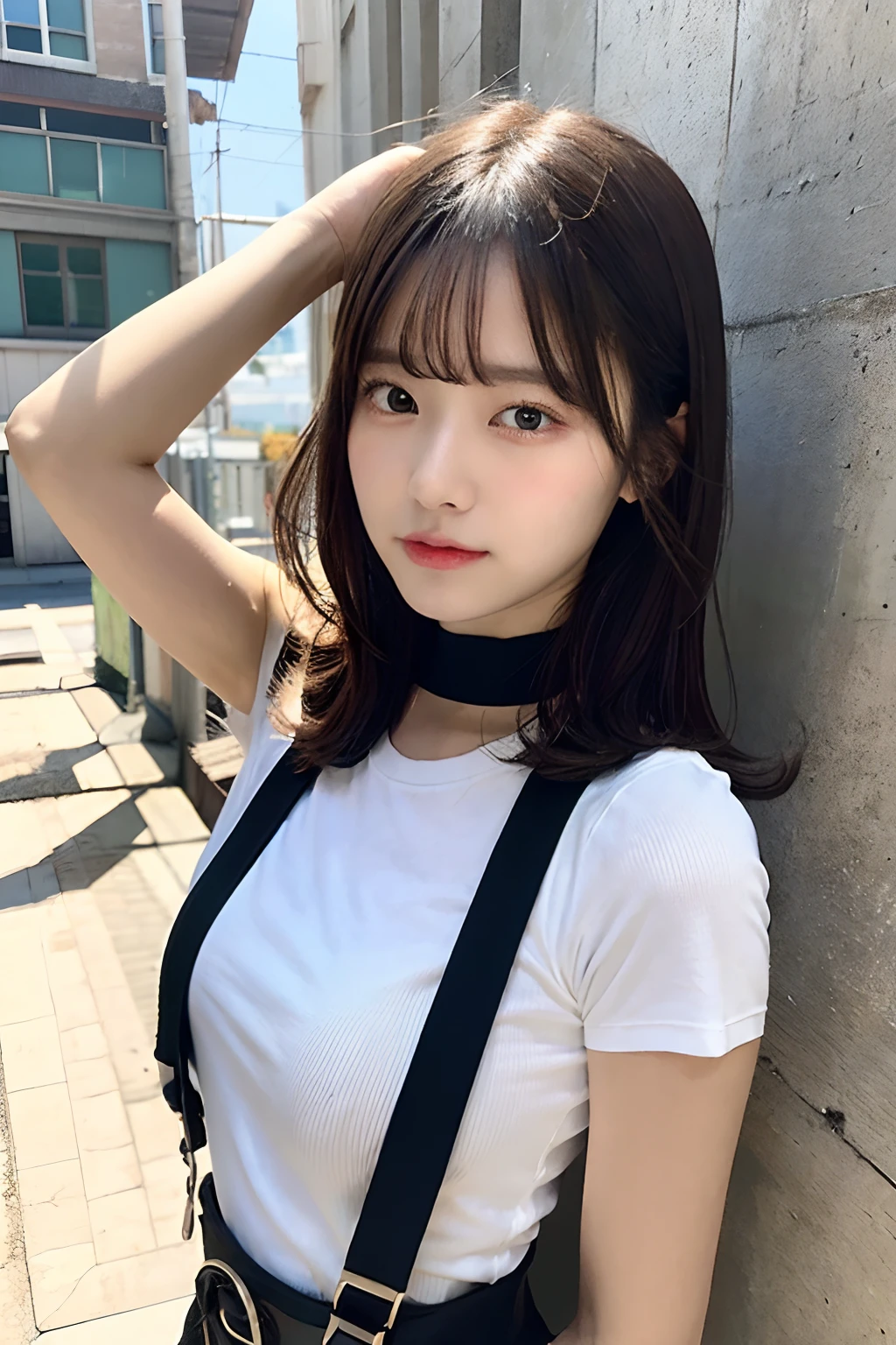 masterpiece、flat-colors、depth of fields、lens flare 1 girl、、Brown hair、watching at viewers black suspenders bulging big breasts Armpit sweat perspiring Side of both hands walls: Black miniskirt garterbelts Gaze Small face Bangs Upper Eyes flank Rat-colored eyes holster Belt Cutter Shirt
