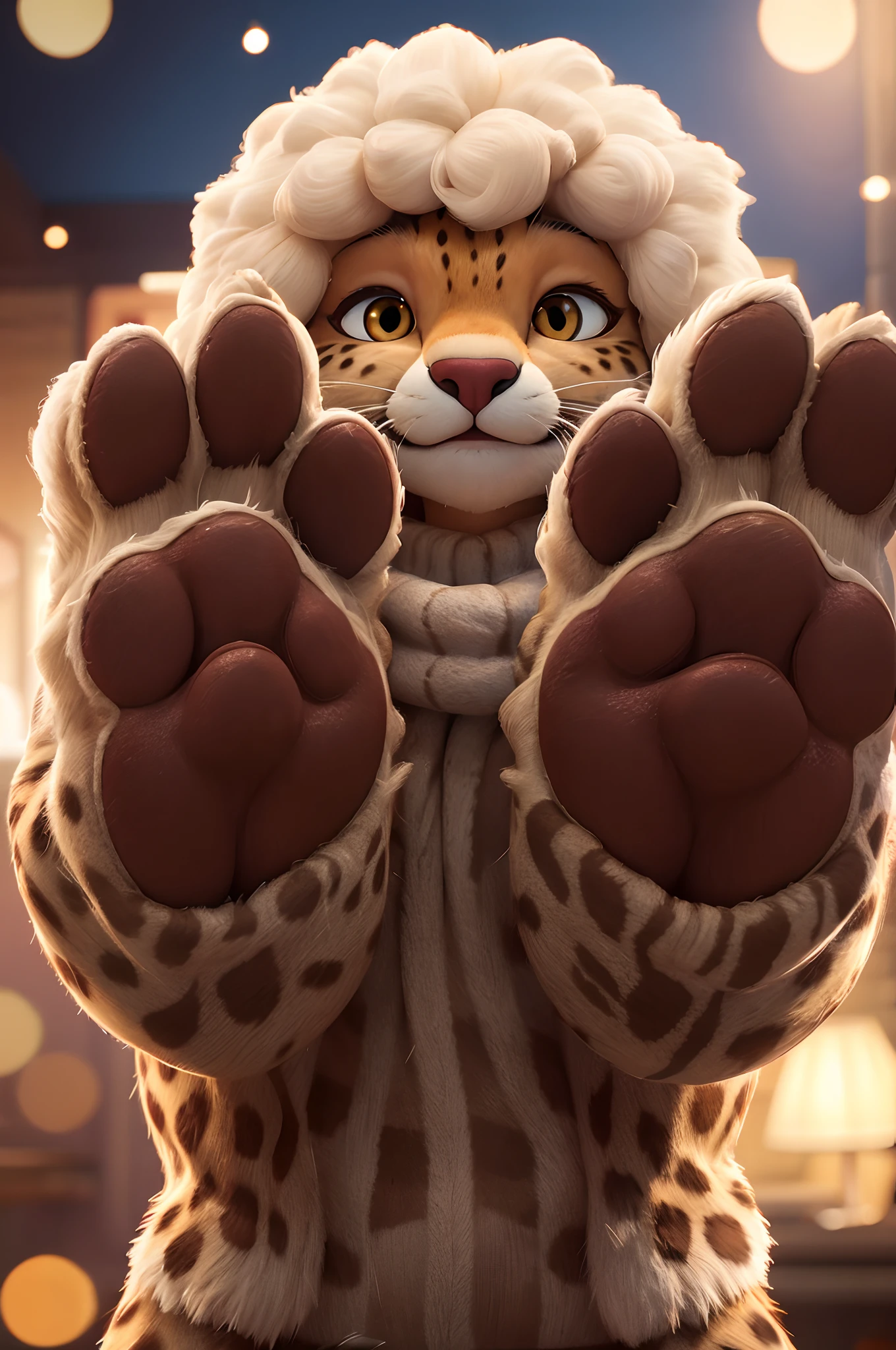 Closeup of an anthro furry cheetah female wearing a wool sweater, paws, paw pads towards viewer, high quality photography, 3 point lighting, flash with softbox, 4k, Canon EOS R3, hdr, smooth, sharp focus, high resolution, award winning photo, 80mm, f2.8, bokeh