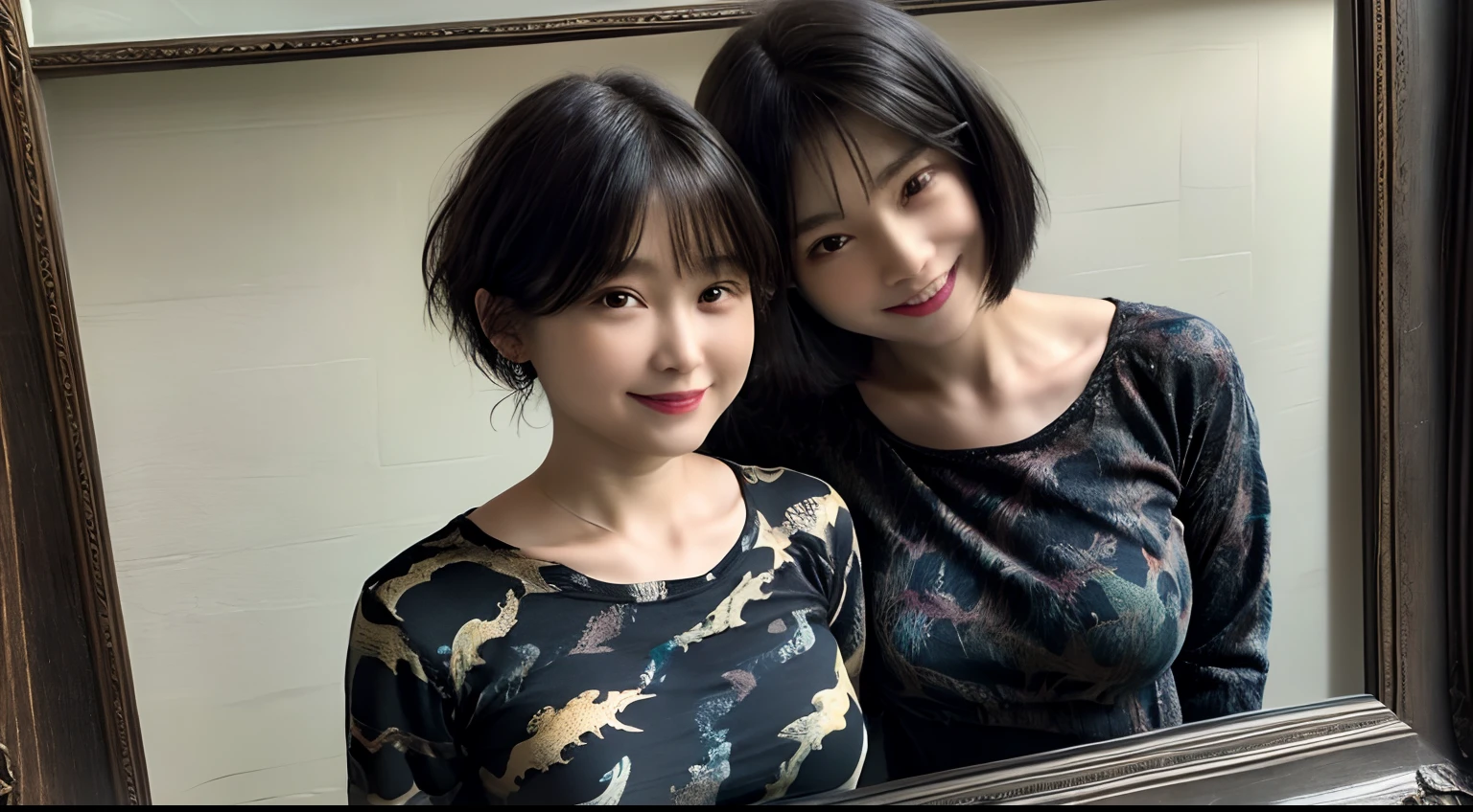 89
(a 20 yo woman,is standing), (A hyper-realistic), (masutepiece), ((short-hair:1.46)), (Smooth black hair), (Breast:1.0), (kindly smile), wear long pants, (Wearing a dinosaur print long-sleeved shirt), (Beautiful skin:1.5), (painterly、picture frame)