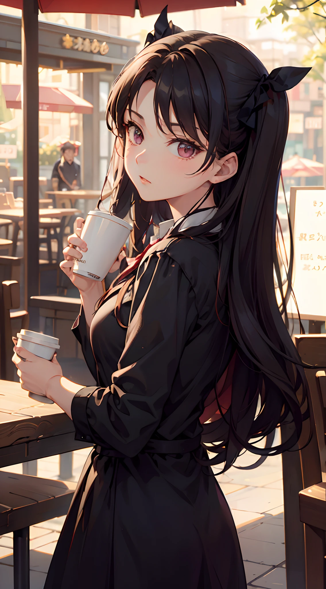 Tohsaka aussi., holding a coffee cup, Fond de starbuck, coffee shop, Gros plan, Potrait, Detailed face, POV