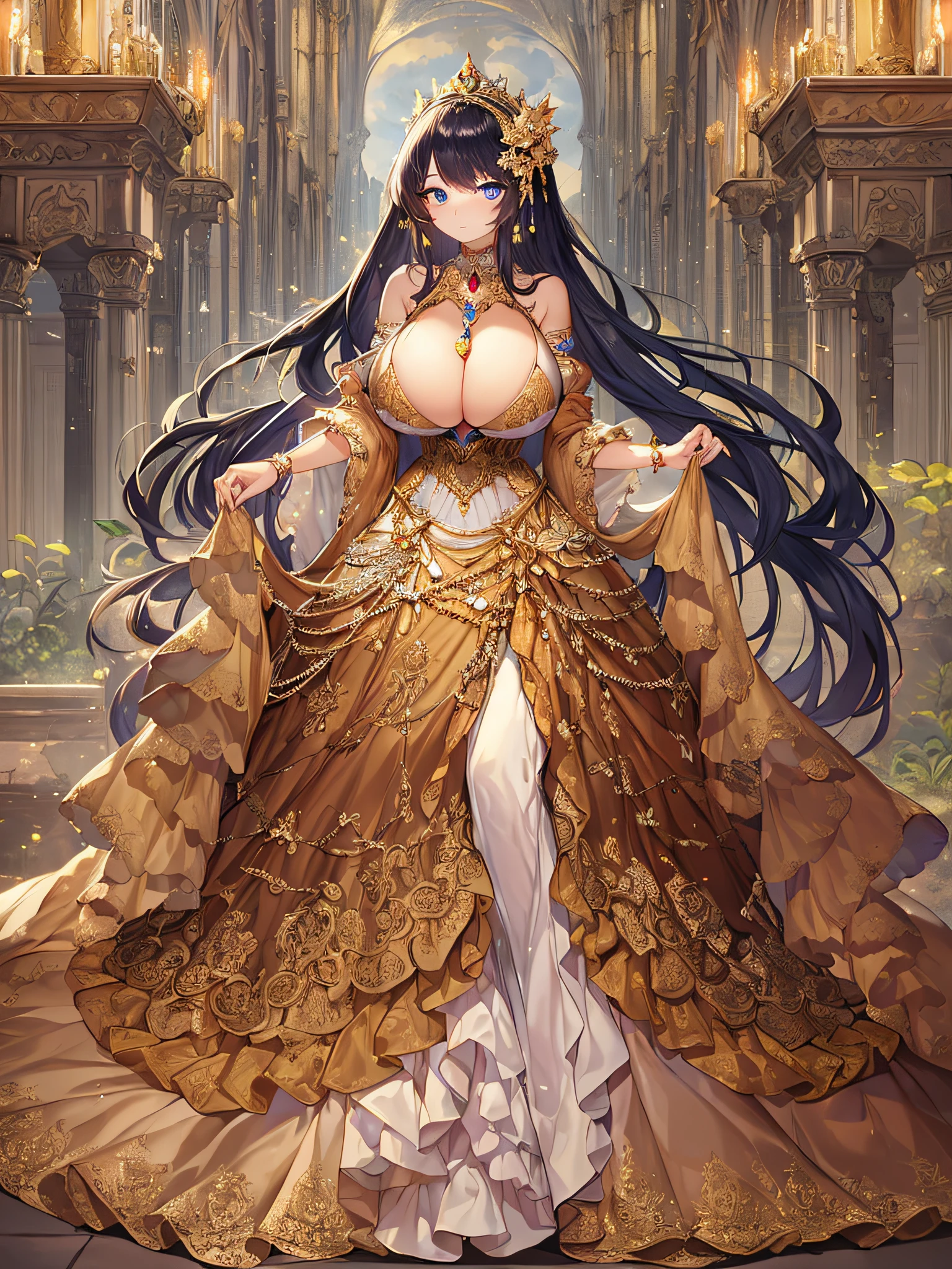 anime artstyle,Masterpiece,Best Quality,Super Detail,Very Delicate and Beautiful,Solo,full body,full body portrait,((1 princess in a jeweled rococo ballgown with beautiful embroidery)),((fantasy castle,outdoor)),((crinoline,long train)),super detailed gorgeous princess ballgown with voluminous full length hoop skirt,gorgeous princess rococo ballgown with beautiful embroidery and jeweled,(detailed face and eyes),jewel-like eyes,((large amount of straight hair,extremely voluminous Very Long Hair,Absolutely Long Straight Hair)),((((very gigantic boobs)),cleavage,Skindentation,extremely gorgeousfull hair ornament,bling-bling extremely gorgeousfull jeweled tiara,luxurious jewelry,full body