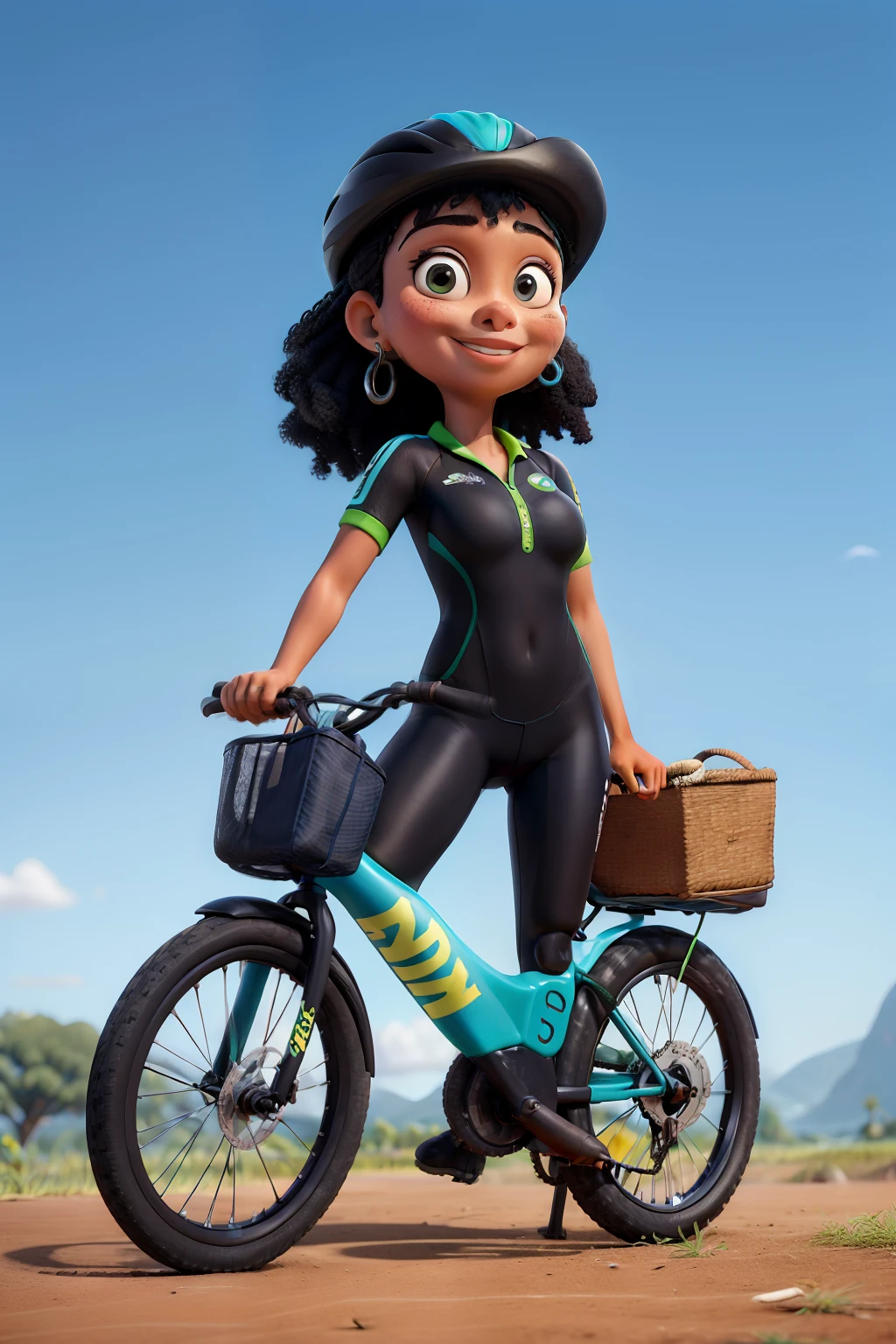 Brasileira de 24 anos, pele branca, com bicicleta preta marca oggi na cor preta e marca azul, capacete preto, black catsuit, sapatilha verde e cinza na linha