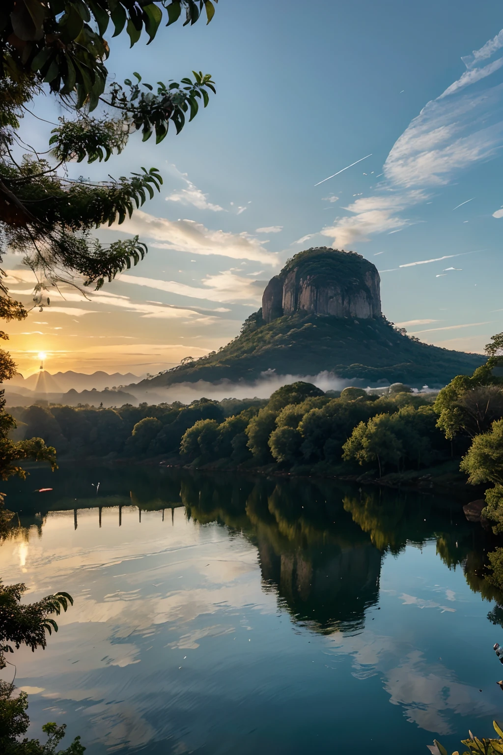 The scene begins with a wide skyline bathed in the golden hues of a stunning sunset. The sky is filled with whitish clouds, criando uma paleta de cores que varia de azul claro a tons quentes de laranja e vermelho.
No primeiro plano, There is lush and diverse vegetation. Tall trees rise, with vibrant green leaves swaying gently in the wind. On the right hand, A river of crystal clear waters meanders through the landscape, Reflecting the sky and the trees in their calm waters.
No centro da imagem, uma montanha majestosa se destaca. Its imposing silhouette is partially illuminated by the last rays of sunlight, creating a dramatic shadow on the opposite slope. The mountain is covered with a combination of green vegetation and rugged rocks, that add texture to the landscape.
To the left of the image, A group of birds in flight creates a touch of movement and life in the scene. They cut through the sky, leaving soft trails of shadow as they fly.
Nas proximidades do rio, You can see some wild animals drinking water, como veados e coelhos, Adding a touch of wildlife to the landscape.