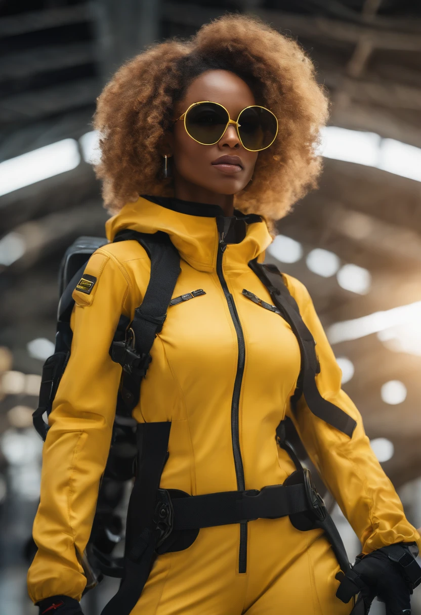 solo, deep ebony 1girl, black girl, beautiful face, {{ braided hair / curly afro hair}}, black lips, a female character is wearing a yellow and black colored outfit with a backpack and a yellow hoodie jacket, black, yellow and white sports leisure, yellow futuristic smart goggles, clear lens, green eyes, long hair, diamond earrings, cybernetically enhanced, medium breasts, she is standing in front of spaceships and satellites, starry night sky, pigeoncore, neo-dadaist, Asuka Langley, neon genesis EVA suit, mechanized precision, space crew member, she holds an important position, in crowd spectator at a tech conference in the style of mecha sci-fi anime, RAW, Super Fine Photo, Ultra High Resolution, Sunlight, Full Body Portrait, Stunningly Beautiful, Dynamic Poses, Delicate Face, Vibrant Eyes,  Unreal Engine:1.4, Ultra-realistic 64K CG, Photorealista:1.4, Skin Texture:1.4, Volumetric fog, 8k uhd, dslr, fair, Photorealistic, film grain, Masterpiece, 8k, best quality, highres, high quality