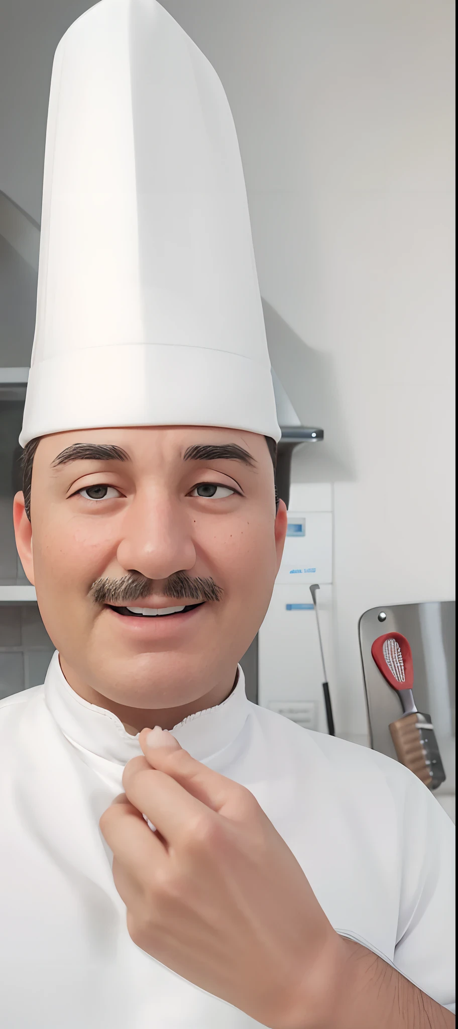 best quality,4k,highres,ultra-detailed,professional,(realistic,photorealistic:1.37), man,standing in front,illuminated by the light of a lamp,kitchen backdrop,[chef],detailed eyes and face,white chef's hat,[stainless steel] kitchen utensils,[wooden] cutting board,[fresh ingredients],sharp knives,cooking apron,[busy and focused expression],clean and well-organized kitchen,counter space filled with pots and pans,spices neatly arranged,steam rising from a simmering pot,delicious aromas filling the air,rich colors and textures,professional cooking environment,warm and inviting atmosphere