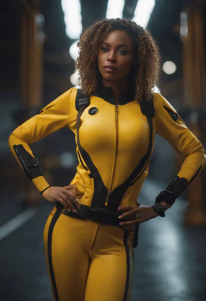 RAW, Masterpiece, Super Fine Photo, Ultra High Resolution, Photorealistic, Sunlight, Full Body Portrait, Stunningly Beautiful, Dynamic Poses, Delicate Face, Vibrant Eyes, solo, deep ebony 1girl, black girl, beautiful face, {{ braided hair / curly afro hair}}, black lips, a female character is wearing a yellow and black colored outfit with a backpack and a yellow hoodie jacket, black, yellow and white sports leisure, yellow futuristic smart goggles, clear lens, green eyes, long hair, diamond earrings, cybernetically enhanced, medium breasts, she is standing in front of spaceships and satellites, starry night sky, pigeoncore, neo-dadaist, Asuka Langley, neon genesis EVA suit, mechanized precision, space crew member, she holds an important position, in crowd spectator at a tech conference in the style of mecha sci-fi anime, 8k, best quality, highres, Unreal Engine:1.4,Ultra-realistic 64K CG, Photorealista:1.4, Skin Texture:1.4, Volumetric fog, 8k uhd, dslr, high quality, film grain, fair skin, photorealism, lomography, sprawling metropolis in a futuristic dystopia, view from below, translucent