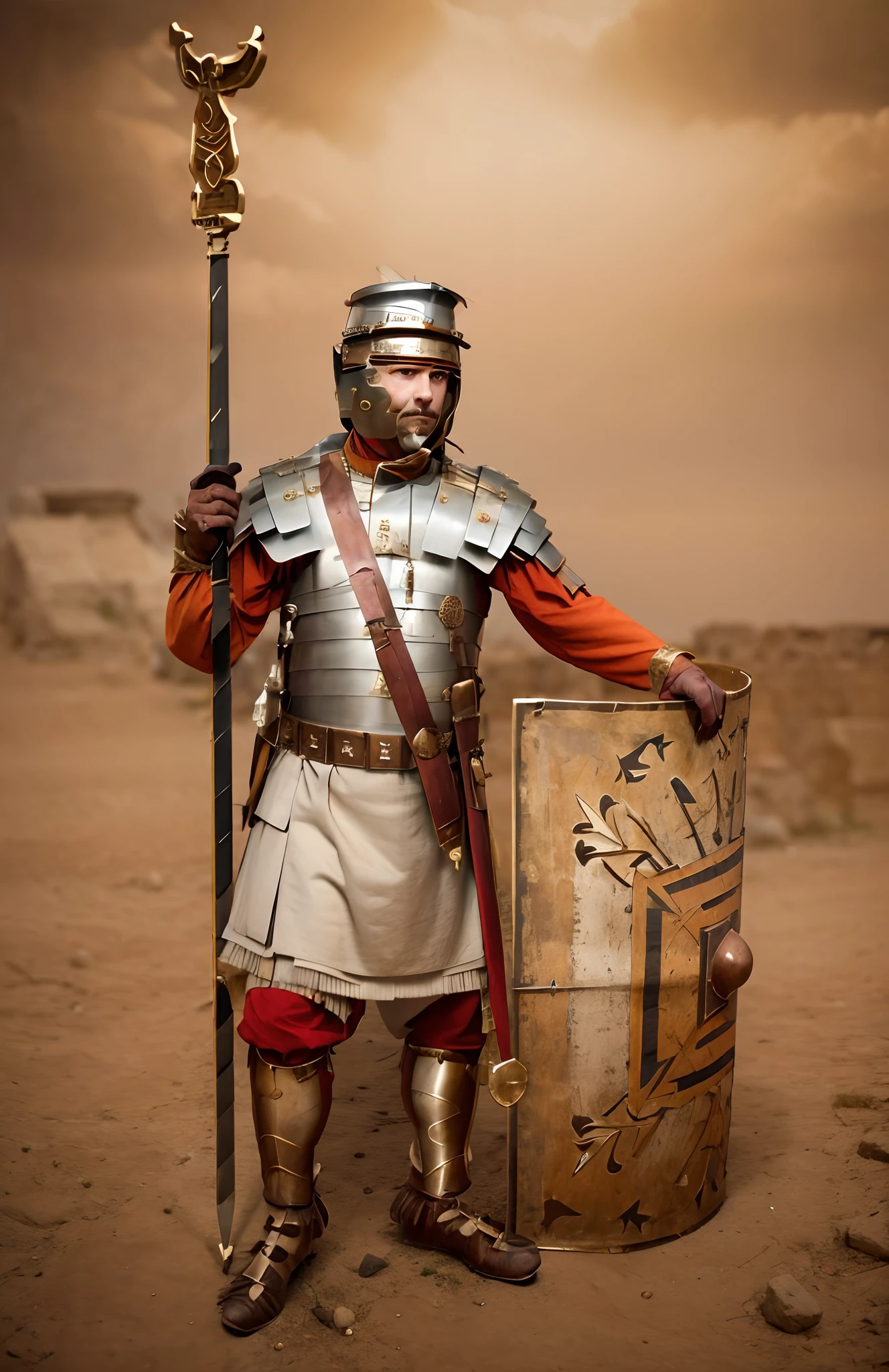 man in a Roman costume with a sword and shield, roman legionnaire, roman centurion, dressed in roman armour, ancient soldier, roman emperor, lorica segmentata, traditional roman armor, inspired by Roman Bezpalkiv, lorica segmentum, sneering roman legioneer, roman armor, dressed in roman clothes