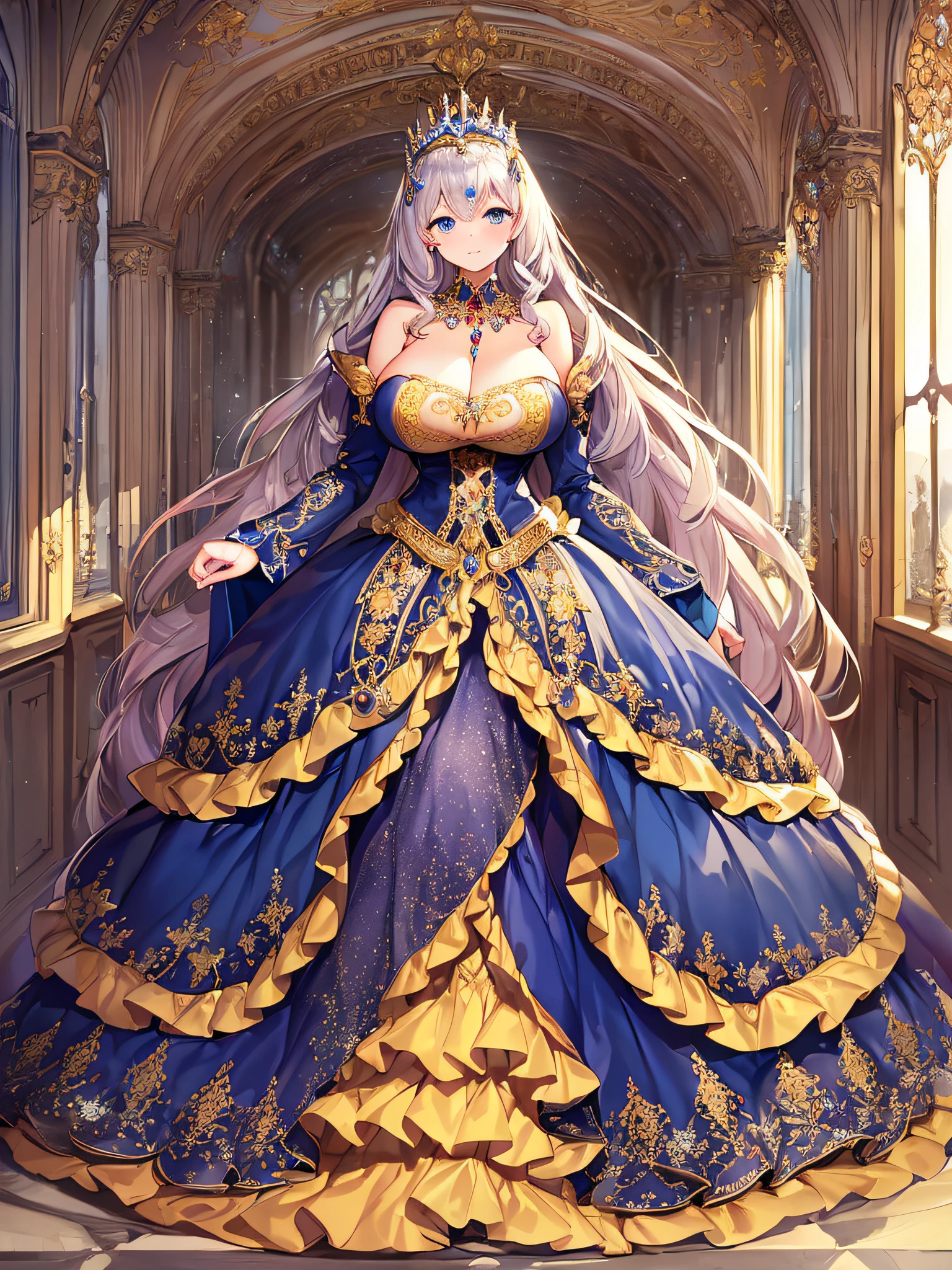 anime artstyle,Masterpiece,Best Quality,Super Detail,Very Delicate and Beautiful,Solo,full body,full body portrait,((1 princess in a jeweled rococo ball gown with beautiful embroidery)),((fantasy castle,outdoor)),((crinoline,long train)),super detailed gorgeous princess ballgown with voluminous full length hoop skirt,gorgeous princess rococo ballgown with ,long train,gorgeous princess rococo ballgown with ,long train,gorgeous princess rococo ballgown with beautiful embroidery and jeweled,(detailed face and eyes),jewel-like eyes,((large amount of straight hair,extremely voluminous Very Long Hair,Absolutely Long Straight Hair)),(((very gigantic boobs))),cleavage,Skindentation,extremely gorgeousfull hair ornament,bling-bling extremely gorgeousfull jeweled tiara,luxurious jewelry,full body