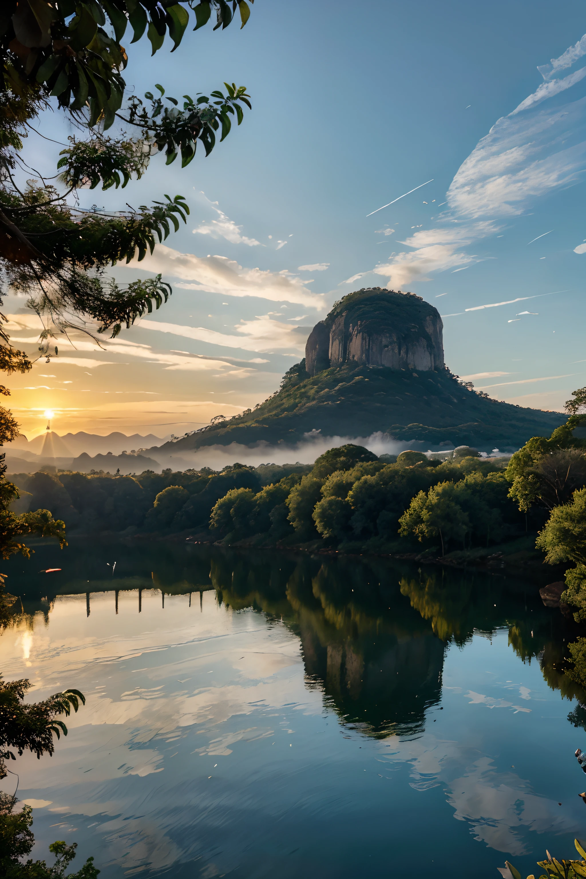 The scene begins with a wide skyline bathed in the golden hues of a stunning sunset. The sky is filled with whitish clouds, criando uma paleta de cores que varia de azul claro a tons quentes de laranja e vermelho.

No primeiro plano, There is lush and diverse vegetation. Tall trees rise, with vibrant green leaves swaying gently in the wind. On the right hand, A river of crystal clear waters meanders through the landscape, Reflecting the sky and the trees in their calm waters.

No centro da imagem, uma montanha majestosa se destaca. Its imposing silhouette is partially illuminated by the last rays of sunlight, creating a dramatic shadow on the opposite slope. The mountain is covered with a combination of green vegetation and rugged rocks, that add texture to the landscape.

To the left of the image, A group of birds in flight creates a touch of movement and life in the scene. They cut through the sky, leaving soft trails of shadow as they fly.

Nas proximidades do rio, You can see some wild animals drinking water, como veados e coelhos, Adding a touch of wildlife to the landscape.