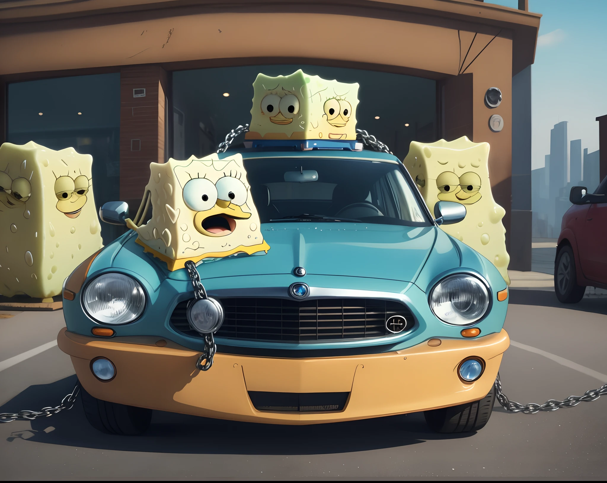 SpongeBob sitting on car with chain on