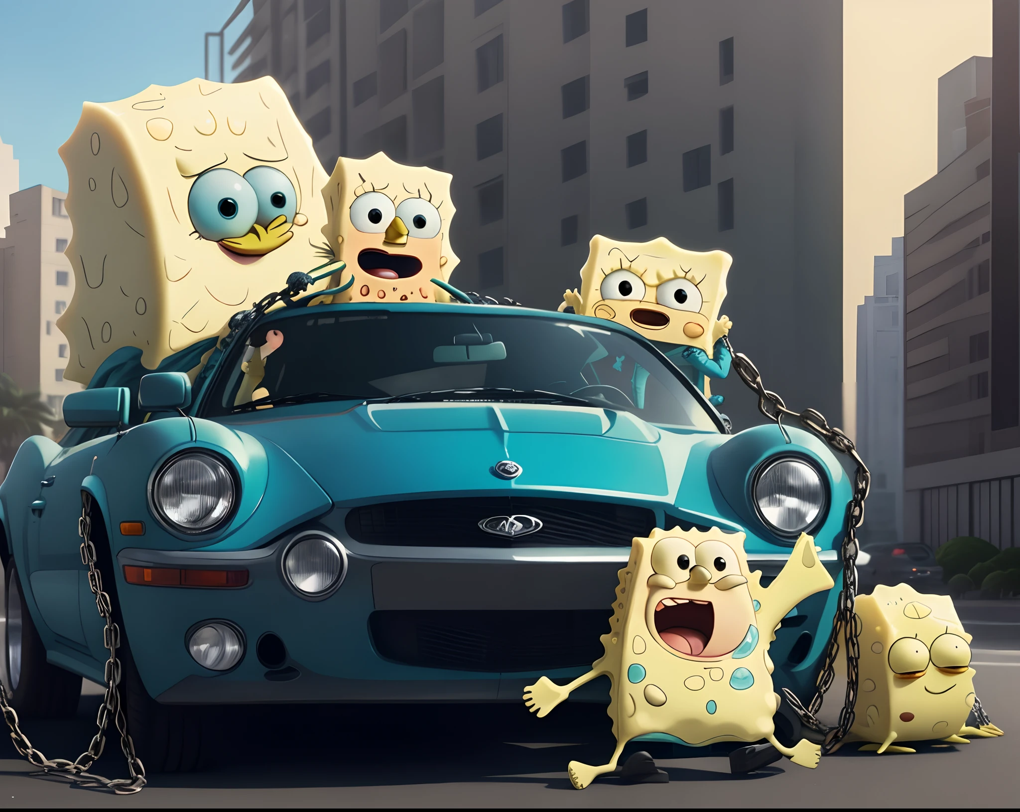 SpongeBob sitting on car with chain on