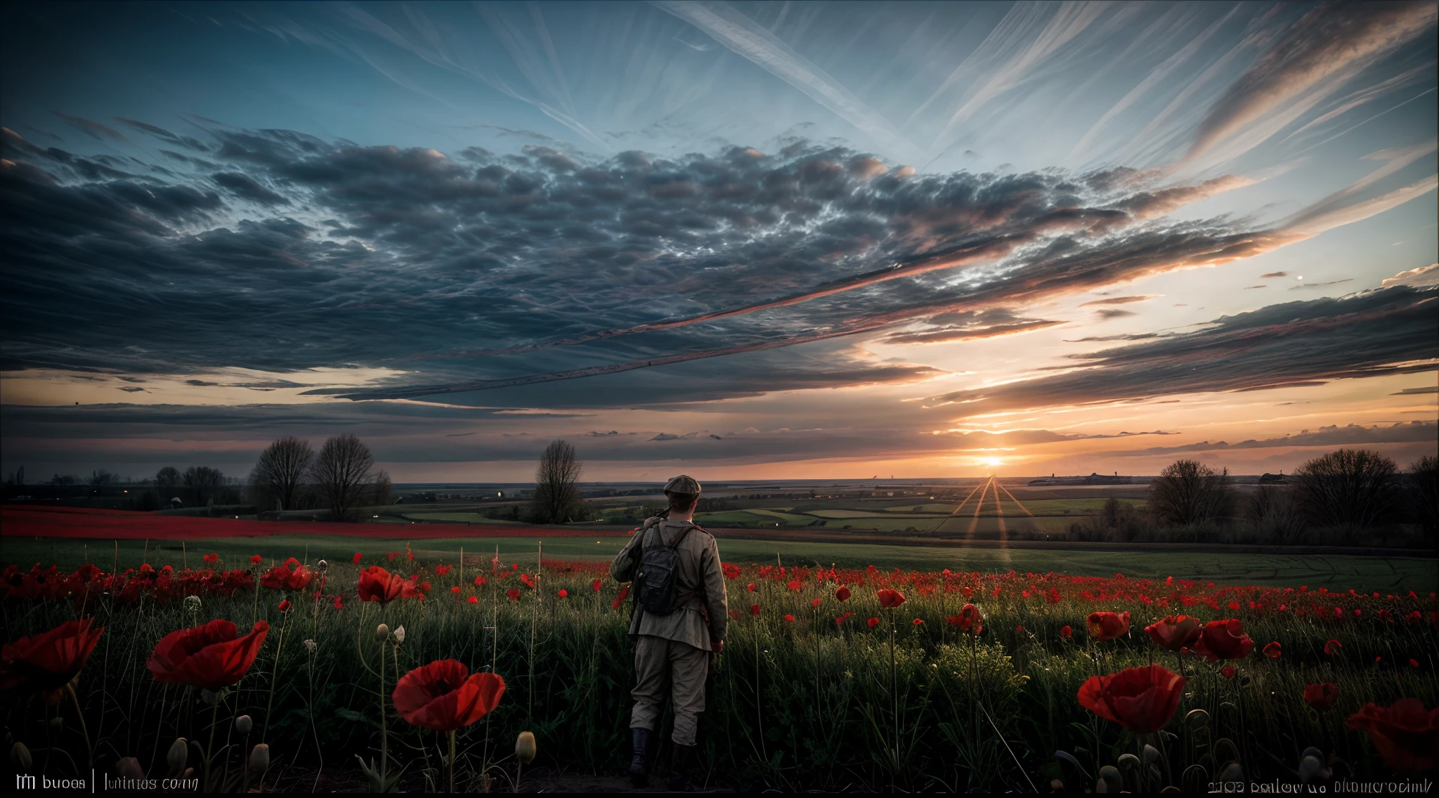 In Flanders fields the poppies blow
Between the crosses, row on row,
That mark our place; and in the sky
The larks, still bravely singing, fly
Scarce heard amid the guns below.
We are the Dead. Short days ago
We lived, felt dawn, saw sunset glow,
Loved and were loved, and now we lie,
In Flanders fields.
Take up our quarrel with the foe:
To you from failing hands we throw
The torch; be yours to hold it high.
If ye break faith with us who die
We shall not sleep, though poppies grow
In Flanders fields. Cinematic, dramatic light, Sony a7riv, 24mm 1.4, photorealism, photorealistic, an exhausted soldier