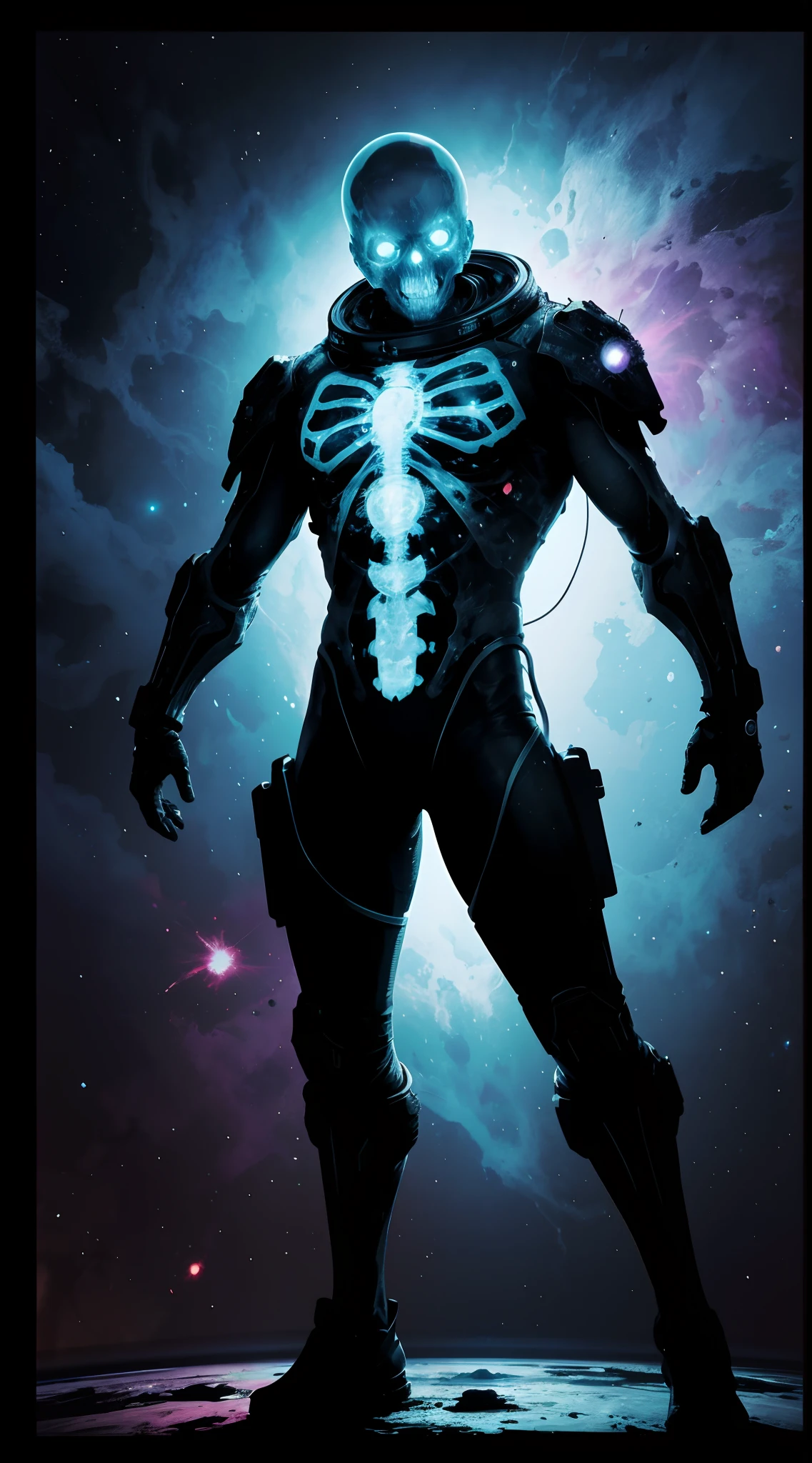 Translucent anatomy x -ray effect zombie in space. 32k resolution, generic diffusion, brush stroke effect, airbrush paint splatter, cinematic, epic pose, full body in frame, julek heller artwork.