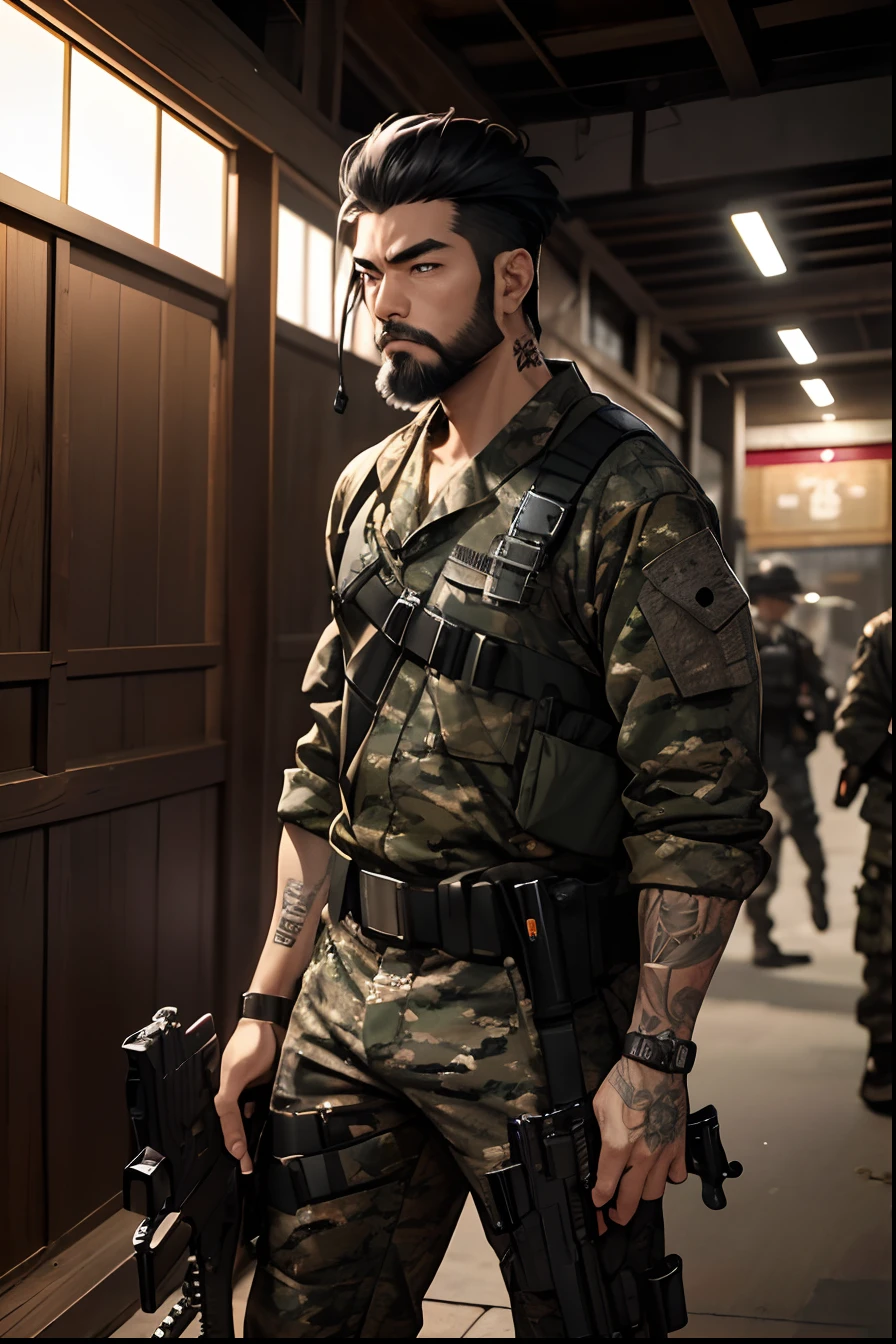 Asian man with a thin black beard, beard, Asian aesthetics, black beard, with tattoos. He has black eyes. He has a black emo short hair, Black camouflage pants, revolver and knives on his waist, rifle in hands, Japanese, dynamic pose, 8k, master part, Dark, full of equipment