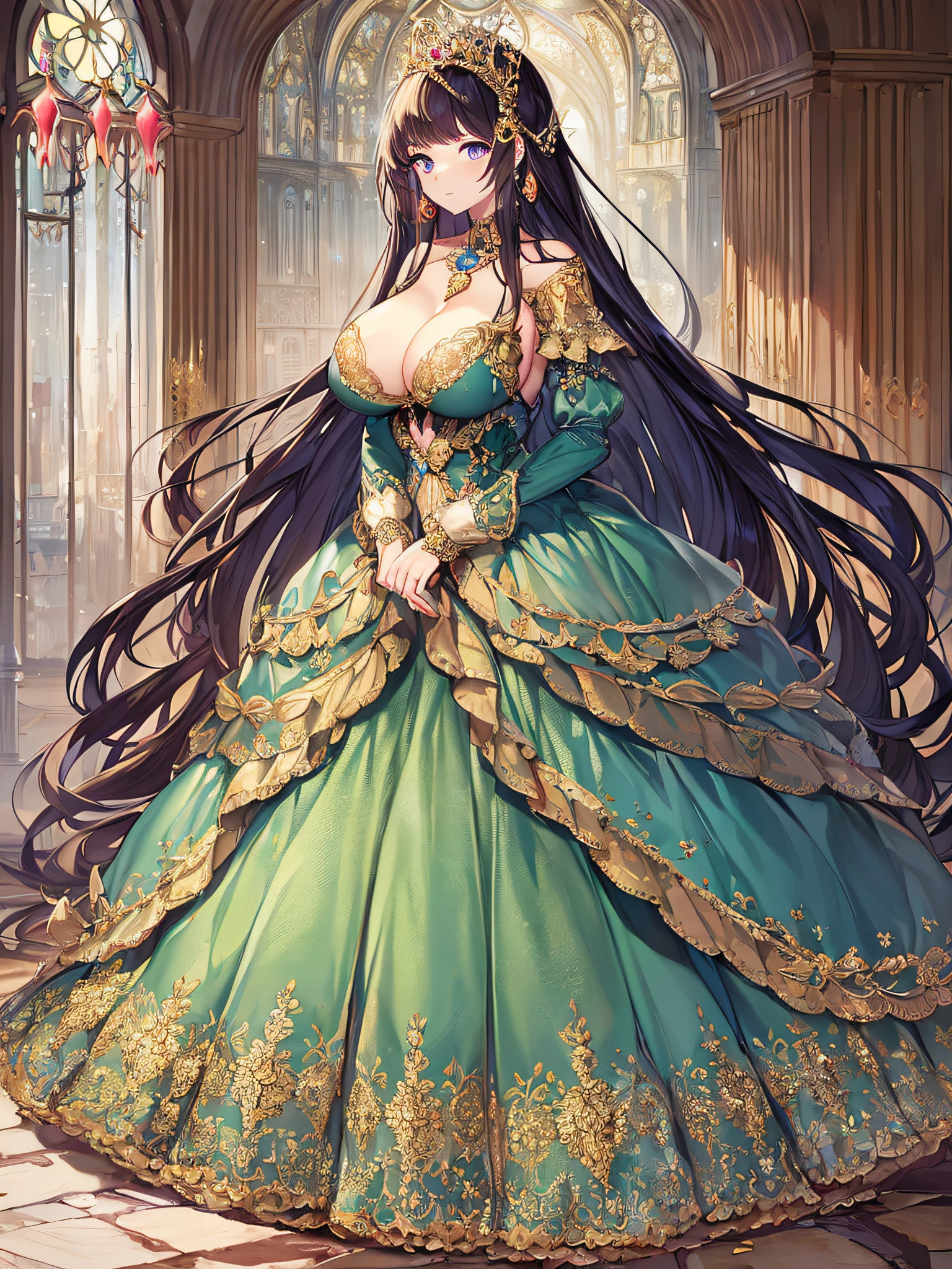 anime artstyle,Masterpiece,Best Quality,Super Detail,Very Delicate and Beautiful,Solo,full body,full body portrait,((1 princess in a jeweled rococo ball gown with beautiful embroidery)),((fantasy castle,outdoor,outside the castle)),((crinoline,long train)),super detailed gorgeous princess ballgown with voluminous full length hoop skirt,gorgeous princess rococo ballgown with long train,gorgeous princess rococo ballgown with long train,gorgeous princess rococo ballgown with beautiful embroidery and jeweled,(detailed face and eyes),jewel-like eyes,((large amount of straight hair,extremely voluminous Very Long Hair,Absolutely Long Straight Hair)),(((very gigantic boobs))),cleavage,Skindentation,extremely gorgeousfull hair ornament,bling-bling extremely gorgeousfull jeweled tiara,luxurious jewelry,full body
