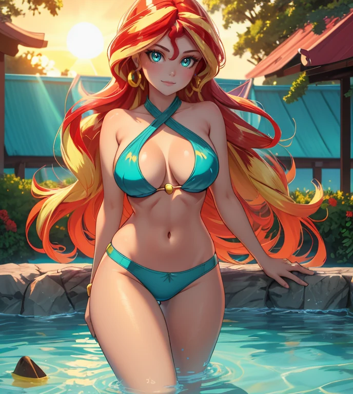 Sunsethuman, Sunset Shimmer, Sunset Shimmer from my little pony, Sunset Shimmer in the form of a girl, big breasts, lush breasts, voluminous breasts, firm breast, detailed hands, two tones of hair, red and yellow hair, pool, solo, one character, Swimsuit, thin, no muscles, normal body, turquoise eyes, gentle smile, sunset