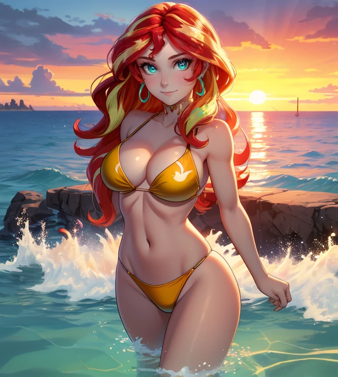 Sunsethuman, Sunset Shimmer, Sunset Shimmer from my little pony, Sunset Shimmer in the form of a girl, big breasts, lush breasts, voluminous breasts, firm breast, detailed hands, two tones of hair, red and yellow hair, pool, solo, one character, Swimsuit, thin, no muscles, normal body, turquoise eyes, gentle smile, sunset