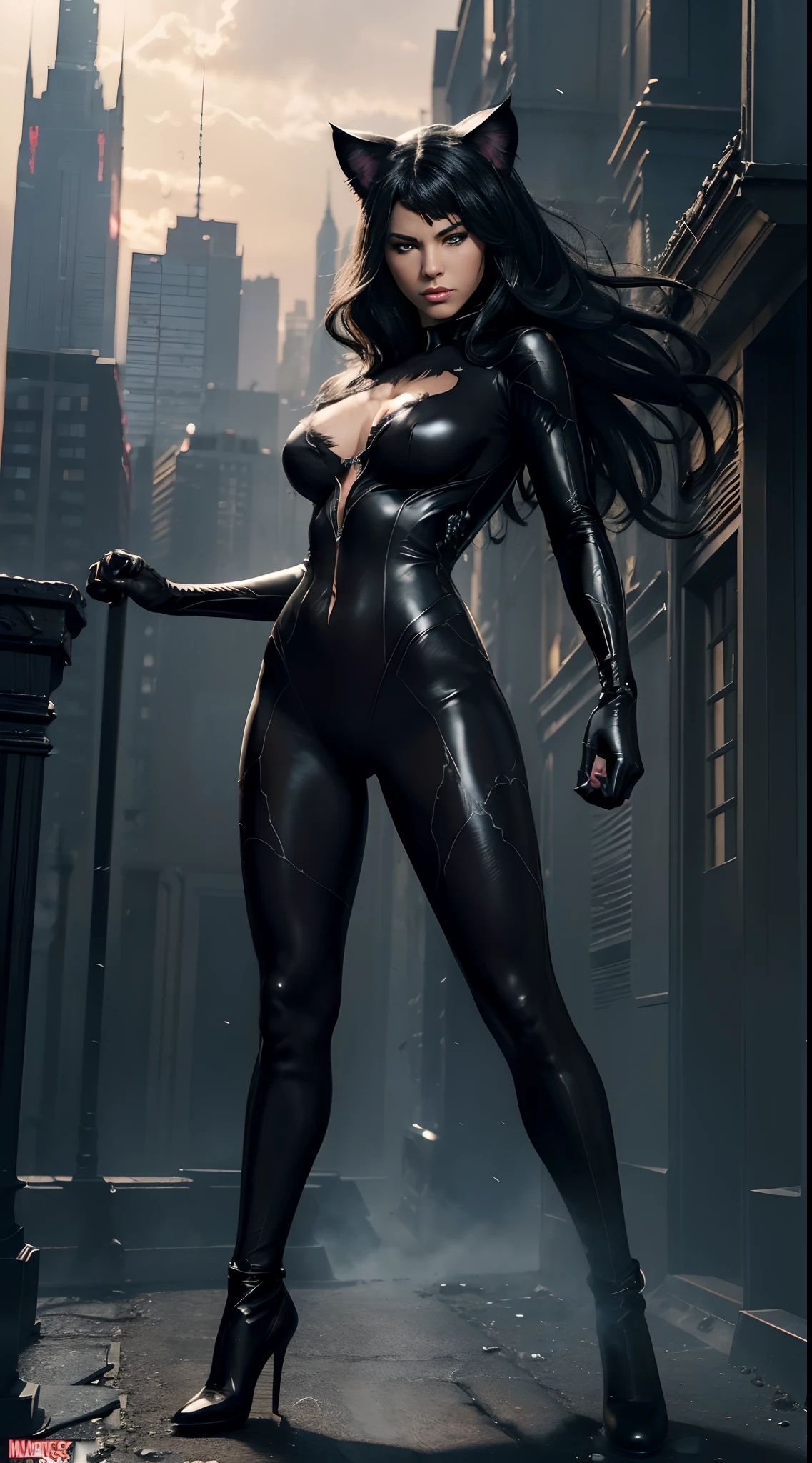 (( the Black cat from Marvel Comics )) (spider web background). artwork by luis Royo. pefect Render, perfect Quality, hyper complex design, 8k resolution, full body in frame, unreal engine 5. brush stroke effect ( airbrush splatter elements )