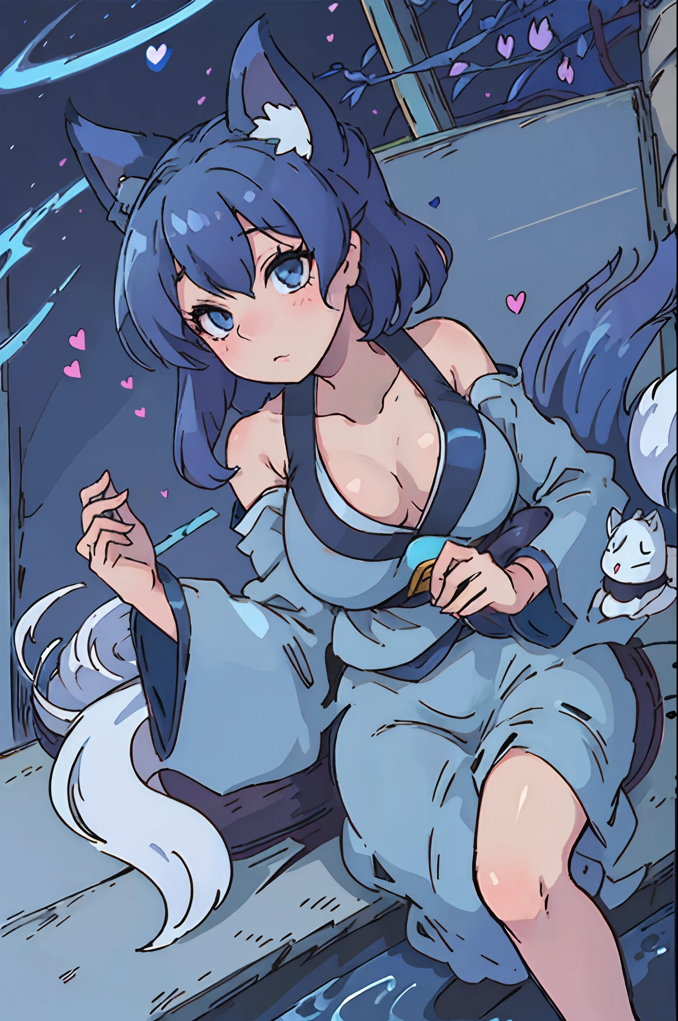 Milf kitsune, light dark blue hair, light dark blue fox ears, light dark blue fox tail, dark blue kimono, lap pov, pampering heart shaped eyes, cute
