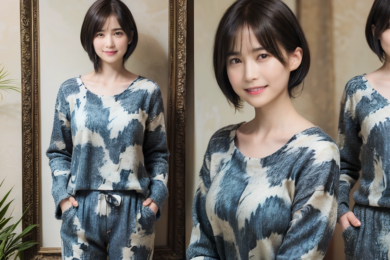 89
(a 20 yo woman,is standing), (A hyper-realistic), (masutepiece), ((short-hair:1.46)), (Smooth black hair), (Breast:1.0), (kindly smile), wear long pants, (Wearing a dinosaur print long-sleeved shirt), (Beautiful skin:1.5), (painterly、picture frame)