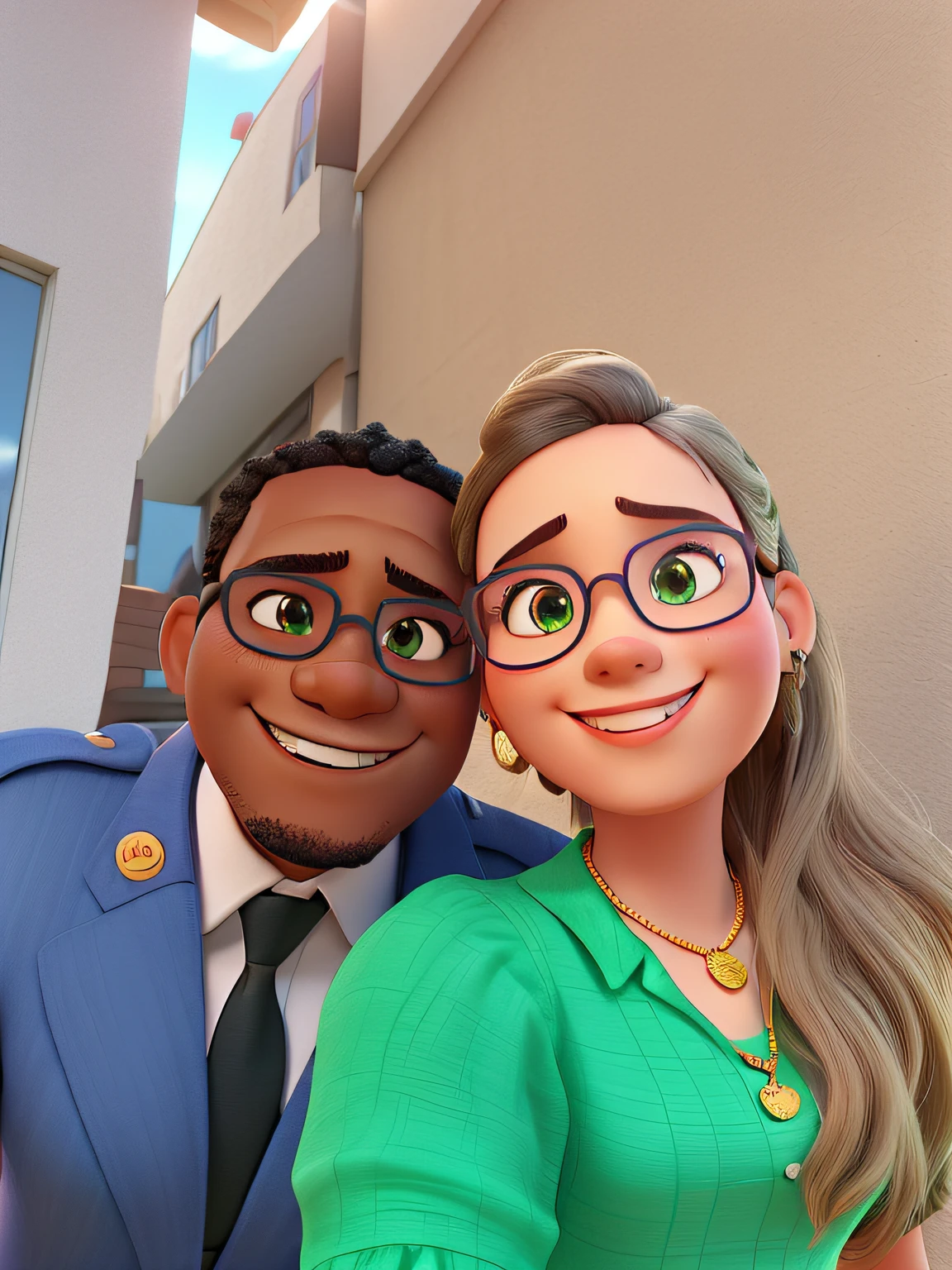 A Disney and Pixar style 3D movie poster with the title "Dimas and Vivi." On the left, there is an African American man with dark skin, wearing dark sunglasses and a dark blue uniform with an insignia or medal on the left side of his chest. He is smiling and has short black hair. On the right, there is a woman with long blond hair, wearing glasses and red lipstick. She is dressed in a vibrant green blouse/dress made from a soft-looking fabric. She is also smiling and has a thick golden necklace around her neck. Both characters appear to be very happy and are posing together for the photo. They are outdoors, and in the background, there is a light-colored wall under direct sunlight.