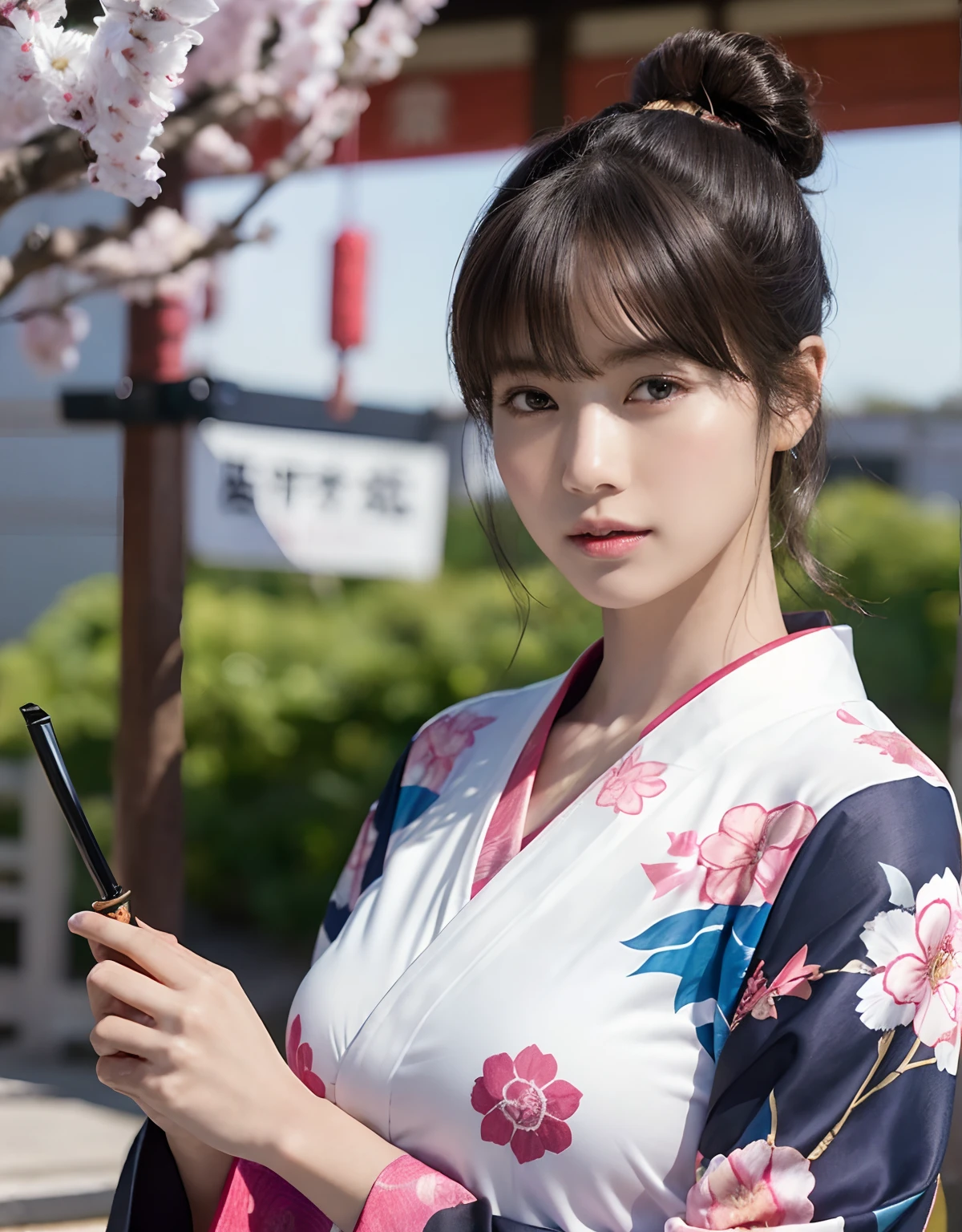 (top-quality、8K、32K、masterpiece、超A high resolution、nffsw:1.3)、(Japan idol:1.3)、1girl in、(Colossal tits:1.25)、(short-hair)、abdominals、the perfect body、((Takan Ninja)), Delicate facial features, Ultra-realistic, Hyper-realistic, 鎖骨、Shadow、octan render、((Wear a beautiful kimono with a high degree of exposure)),hyperdetailed face、Detailed lips、finely eye、二重まぶた、(魅惑的)、((agitation:1.5))、maikurobikini、((Navel))、Armpit、((Female ninja)),Kunoichi Ninja、Throw shurikens、Japan holding a sword、Mystical expression、shrine background、Old Town of Japan、((heavy breasts)),Toostock、mecosuji、Kimono with colorful floral pattern、highcontrast、(((Brightly colored kimono))),